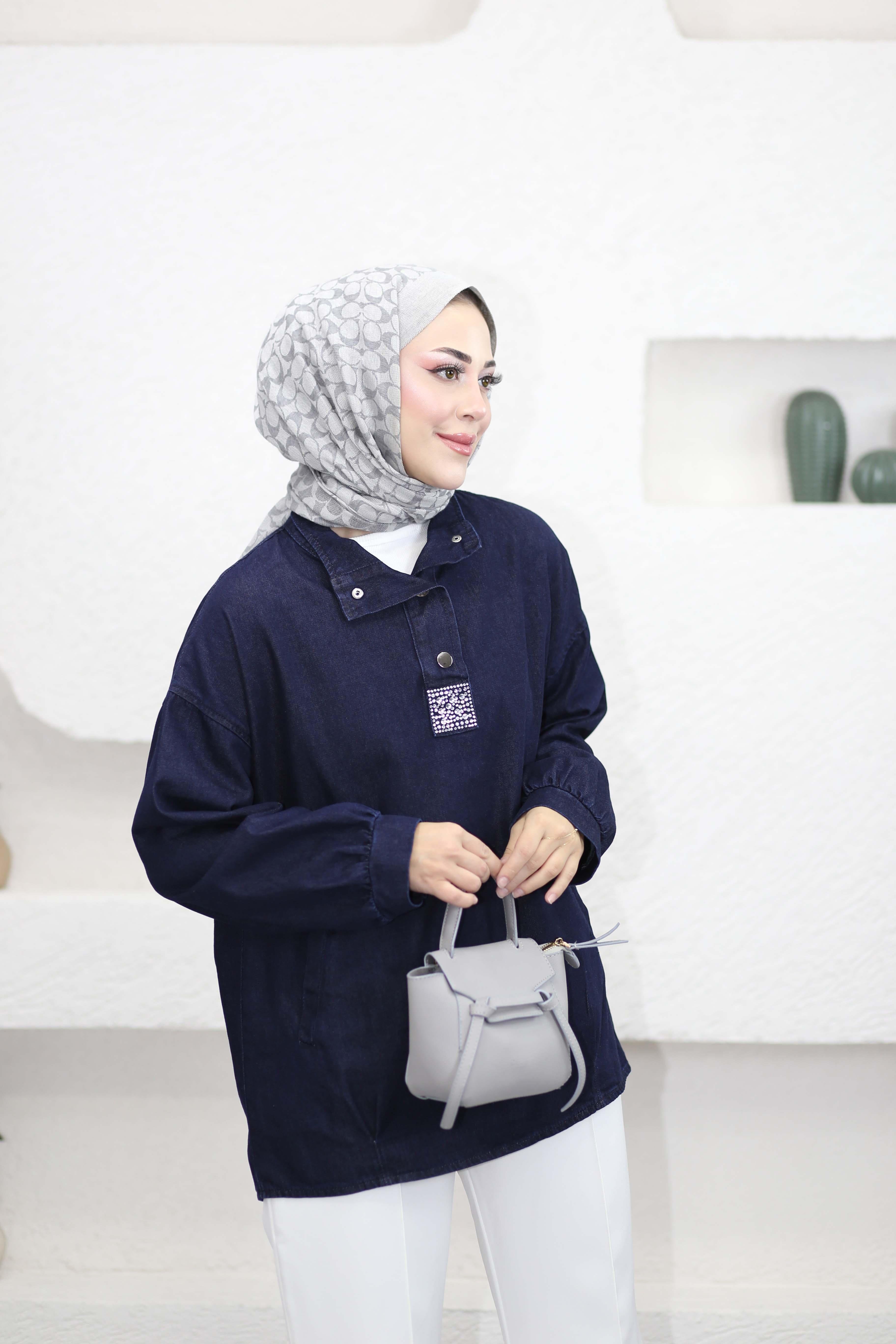 Yakası Çıtçıt Taşlı Sweat Koyu Mavi 7395