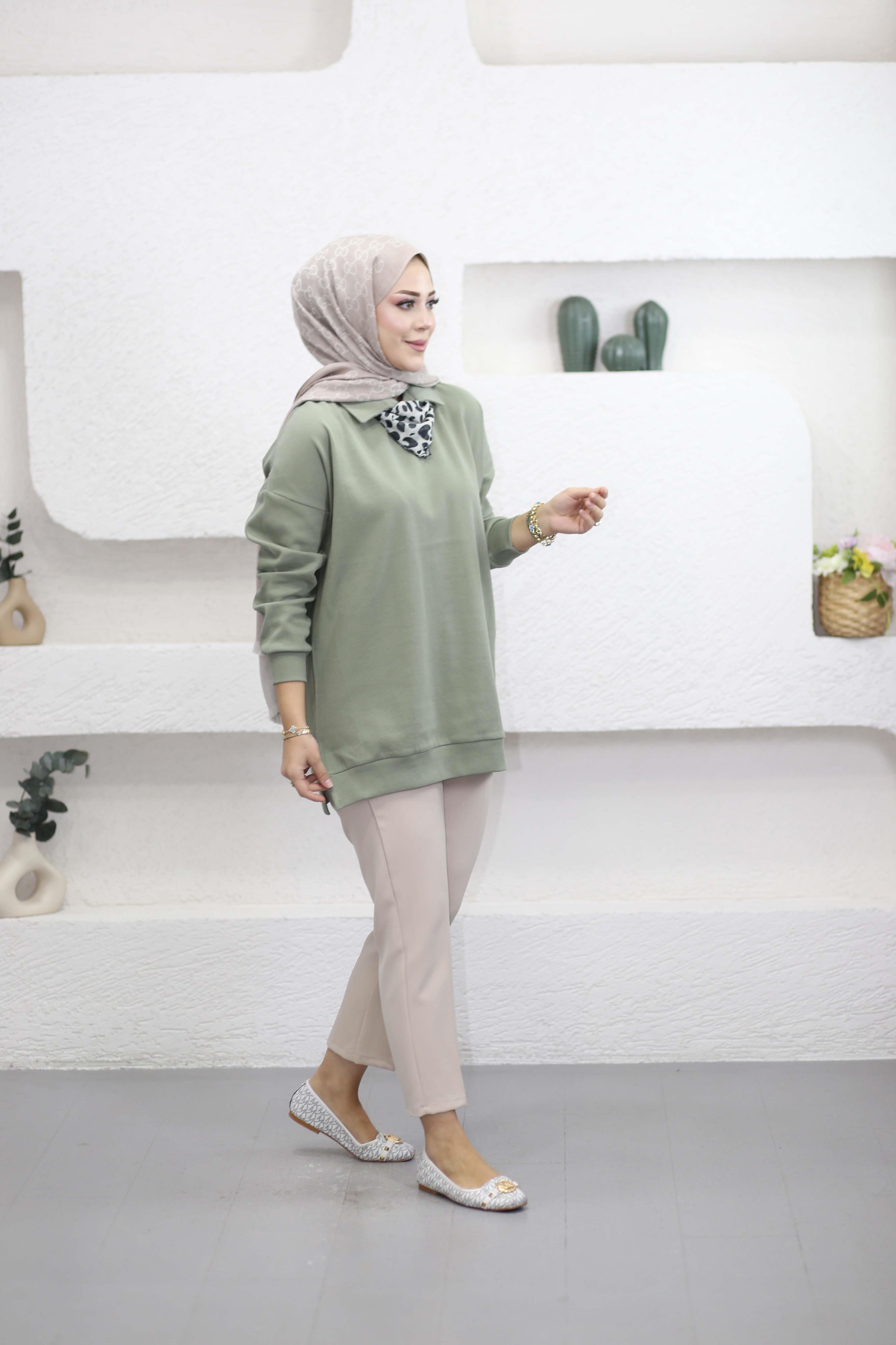 Leopar Fularlı Sweat Çağla Yeşili 6110