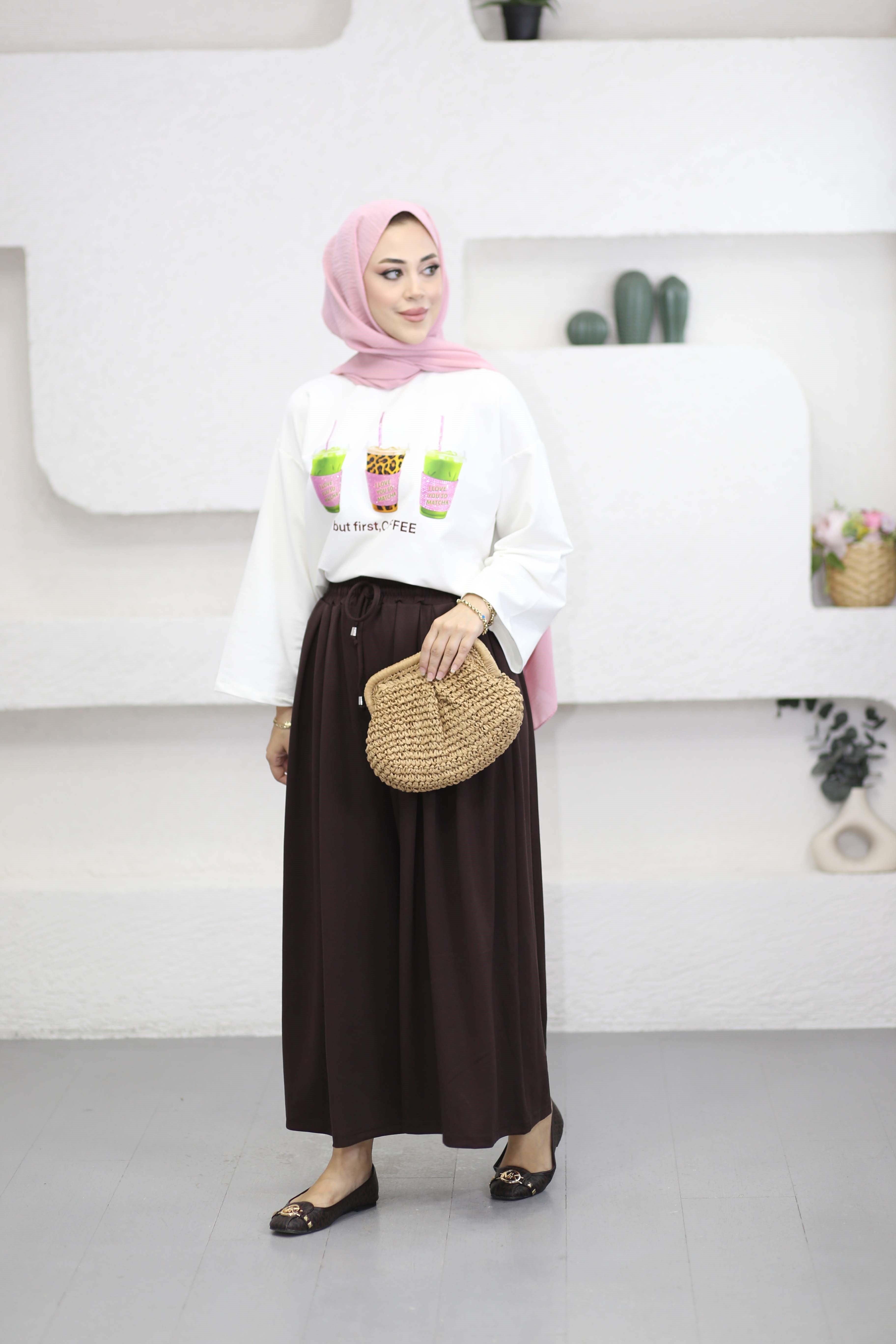 Oversize Baskılı Tişört Pembe 2792