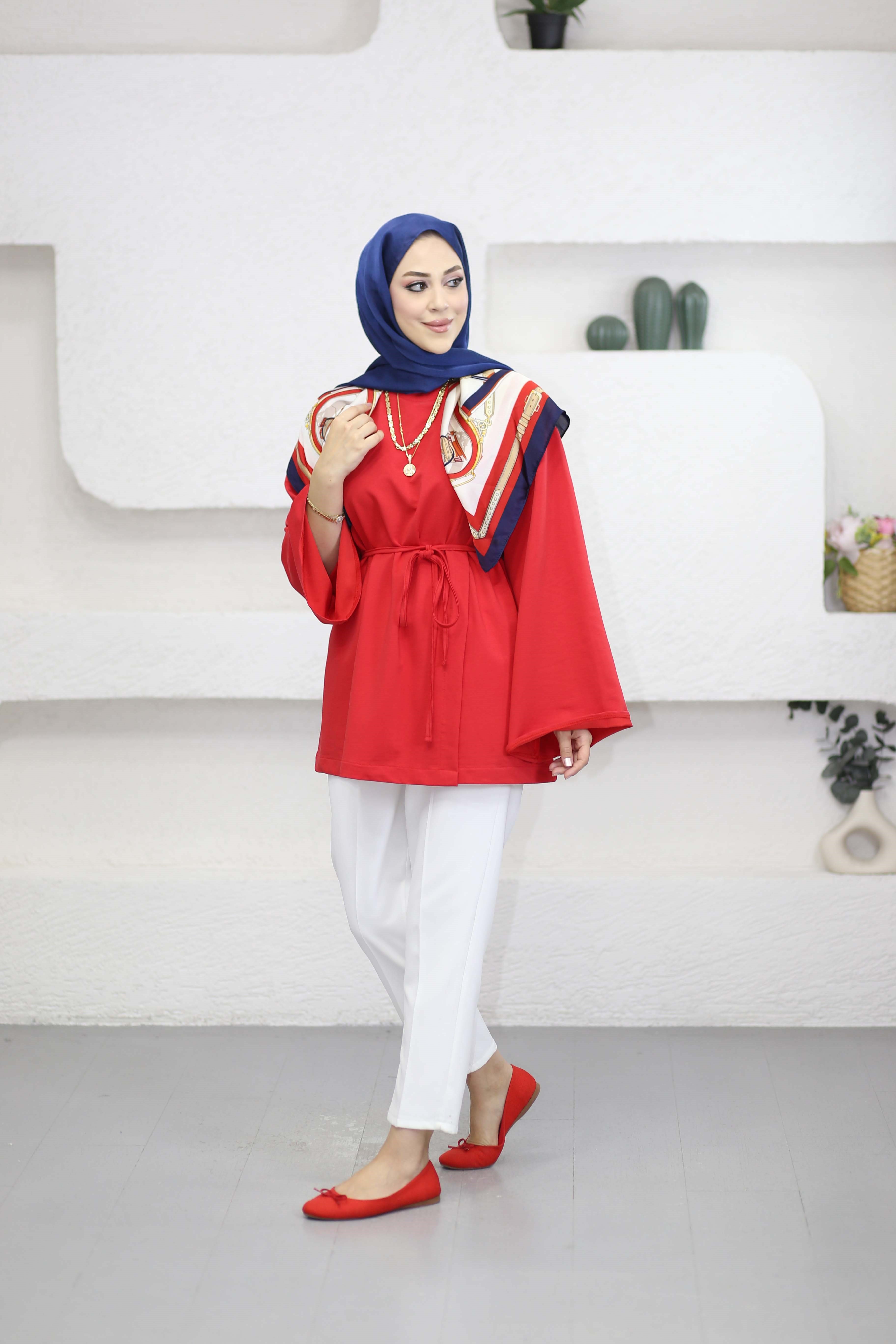 Asimetrik Kesim Bel Bağlamalı Tunik Kırmızı 3550