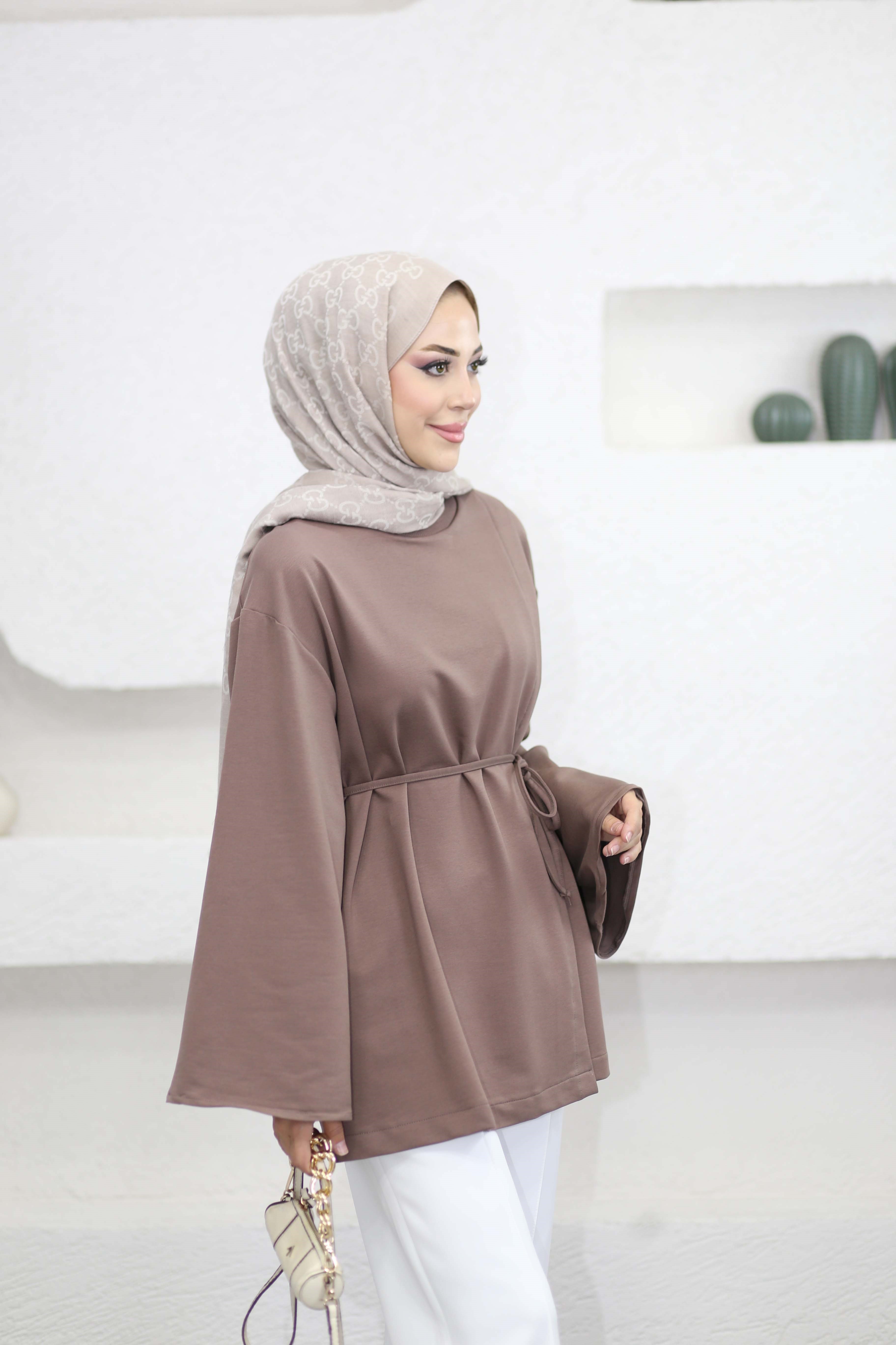 Asimetrik Kesim Bel Bağlamalı Tunik Toprak 3550