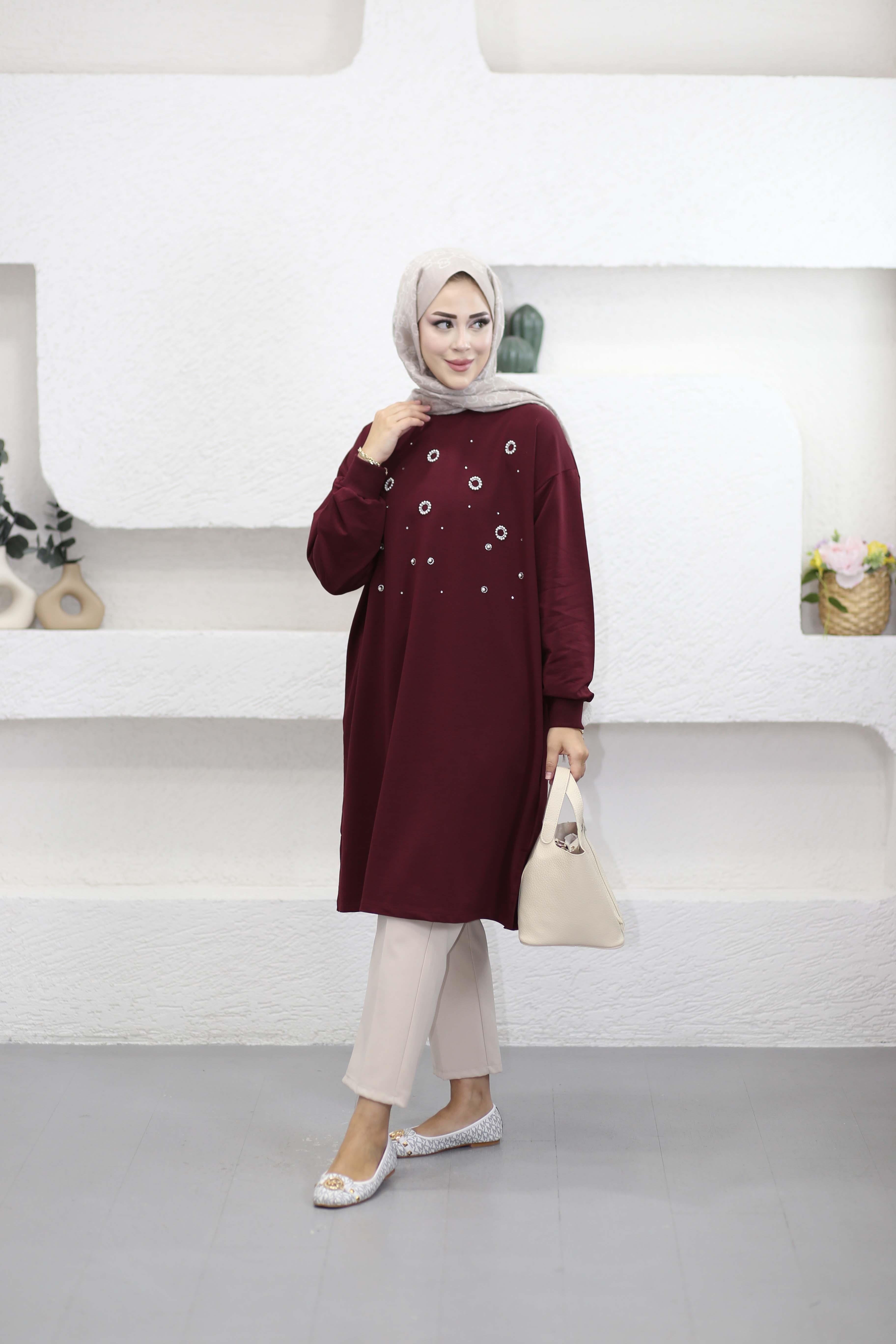 Taş Ve İnci Detaylı Sweat Bordo 3138