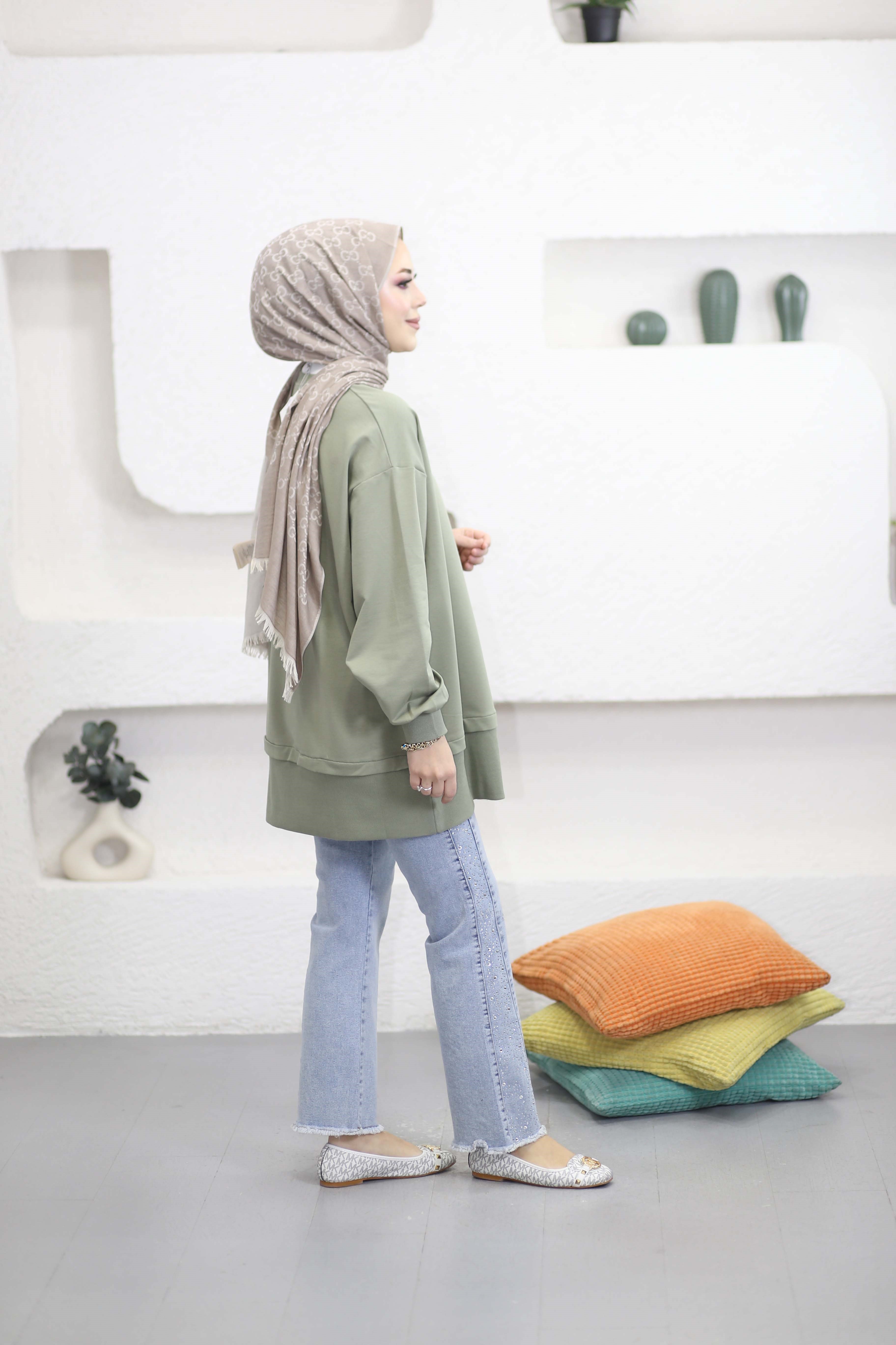 Eteği Fermuarlı Basıc Sweat Çağla Yeşili 6284