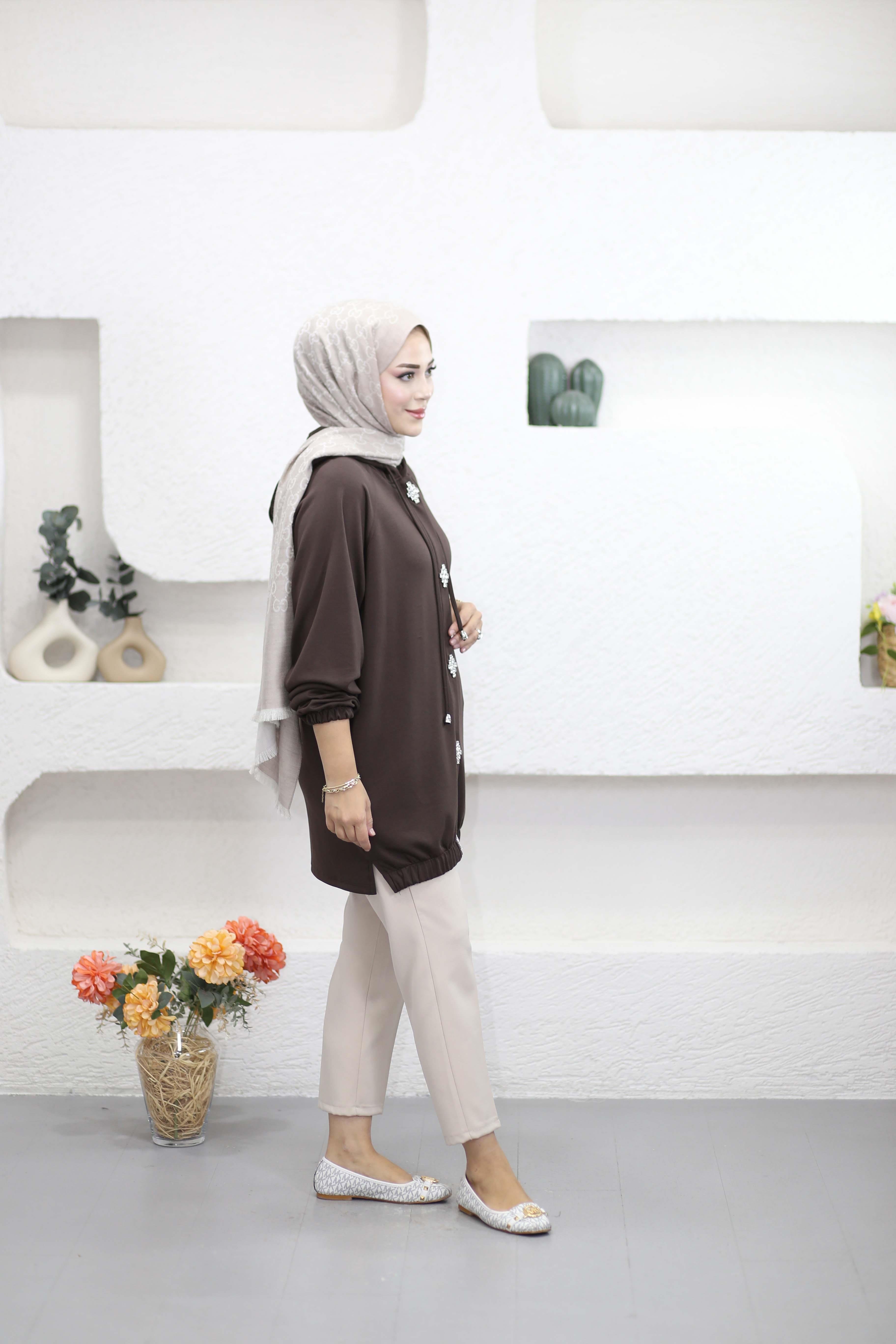 Kristal Dokunuş Kapşonlu Sweat Kahverengi 250305