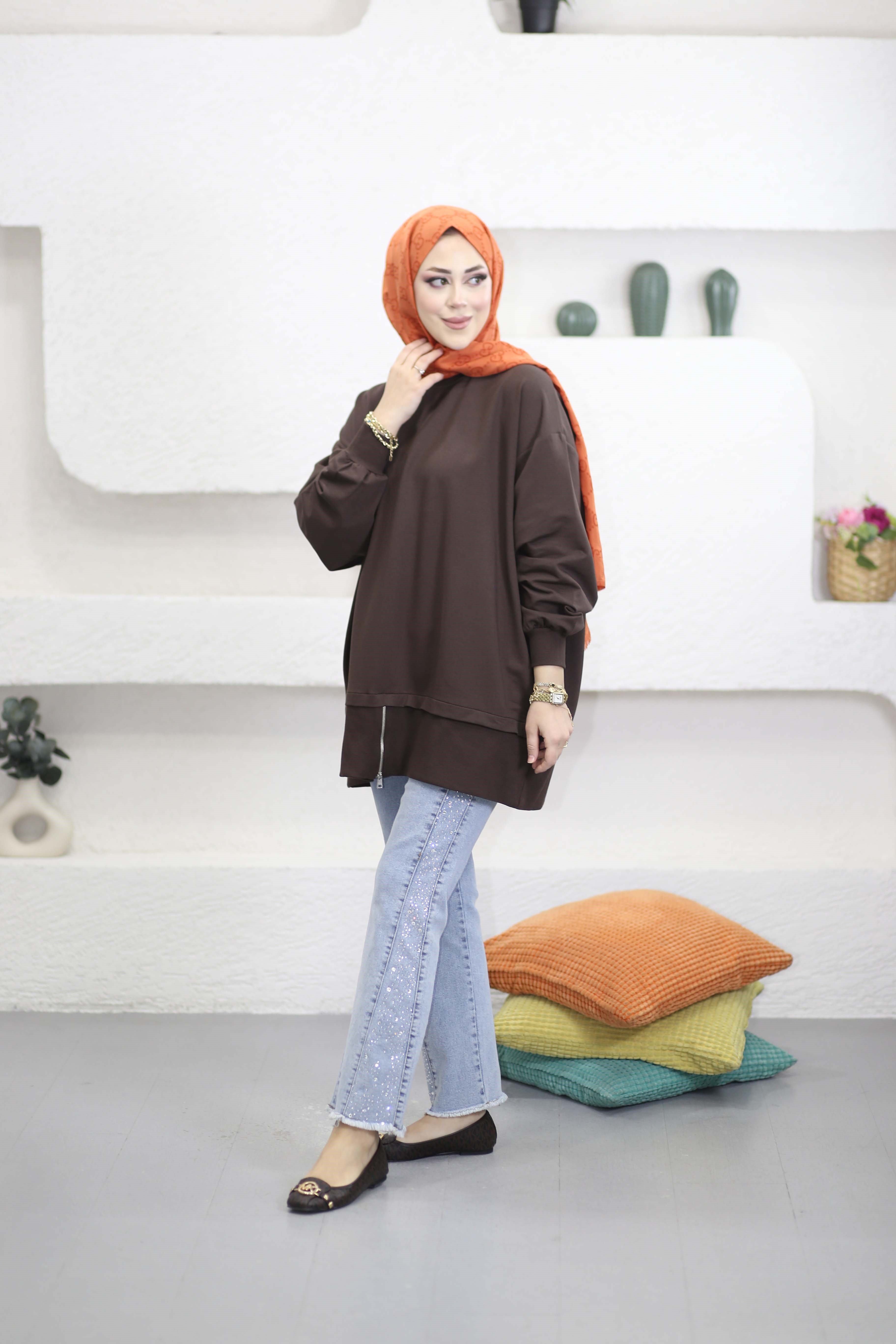 Eteği Fermuarlı Basıc Sweat Kahverengi 6284
