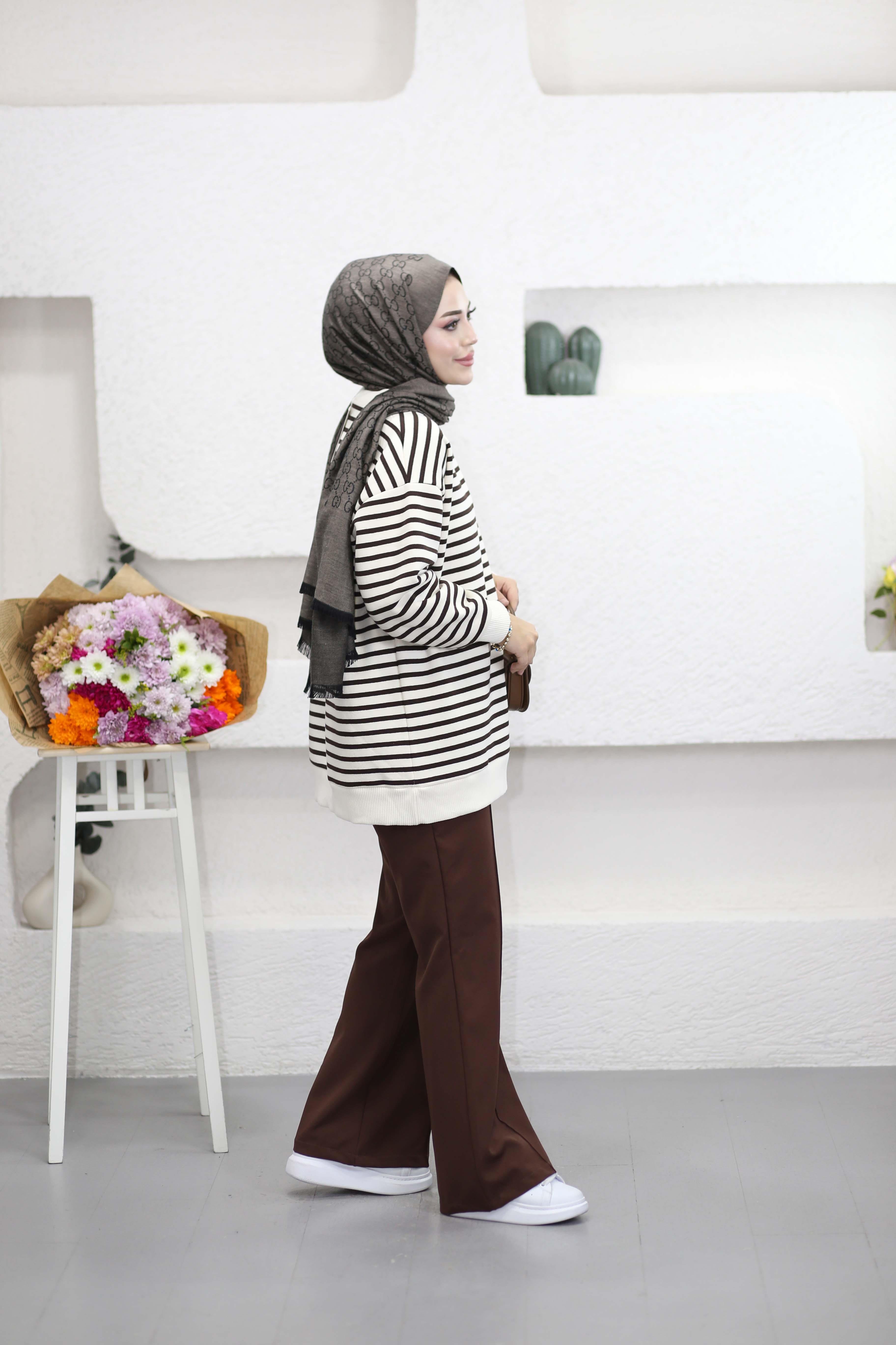 Oversize Çizgili Sweat Kahverengi 3030