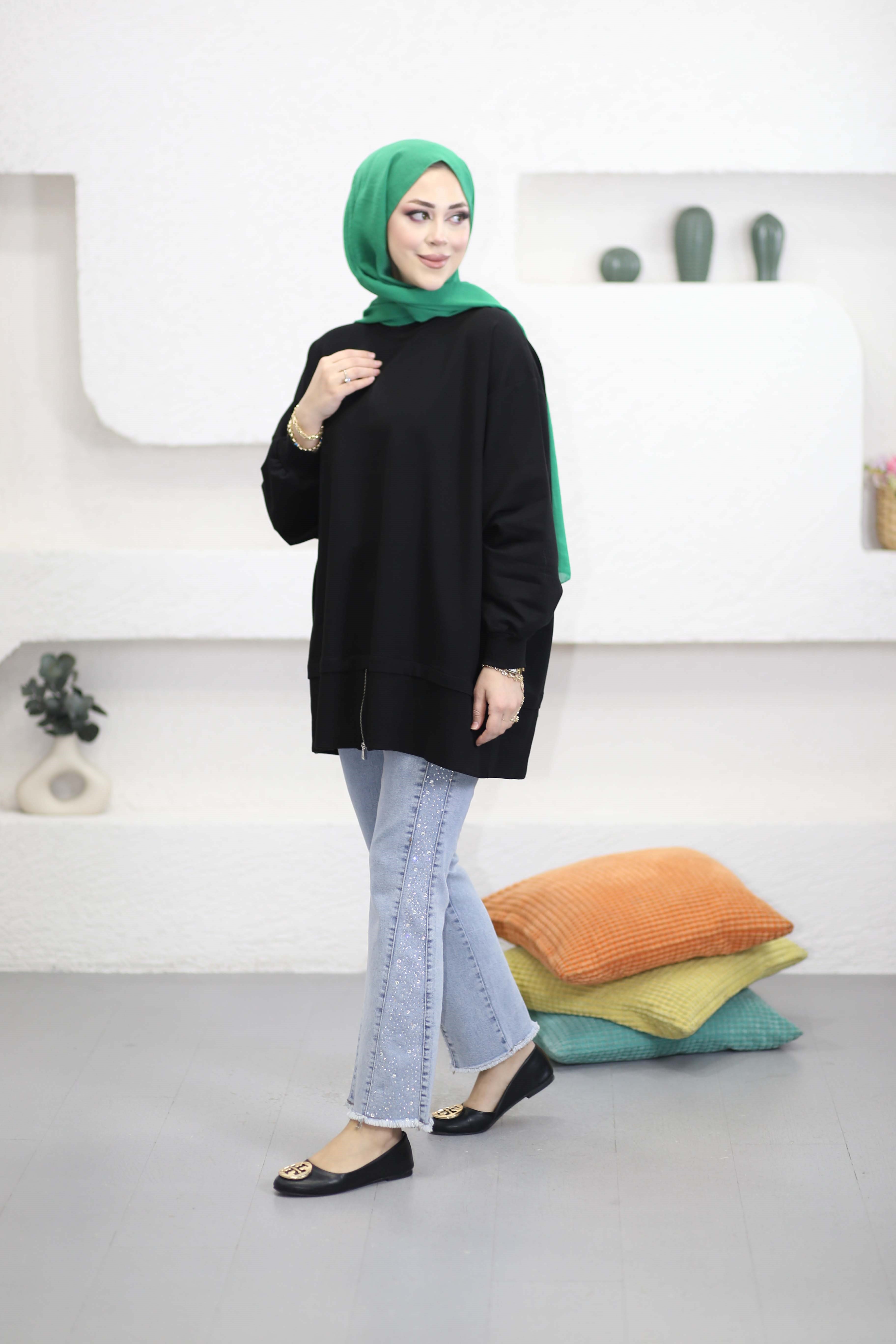 Eteği Fermuarlı Basıc Sweat Siyah 6284