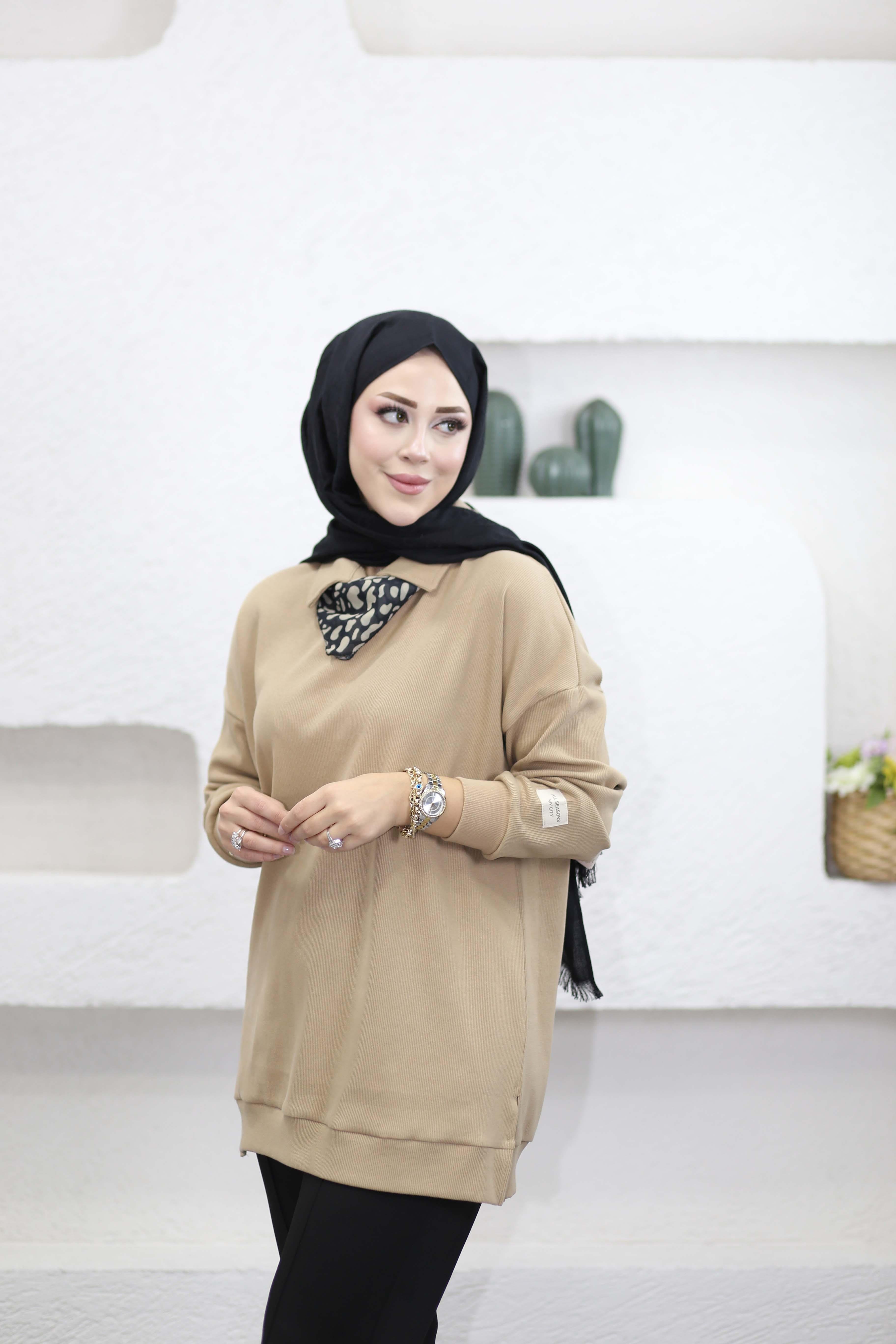Leopar Fularlı Sweat Camel 6110