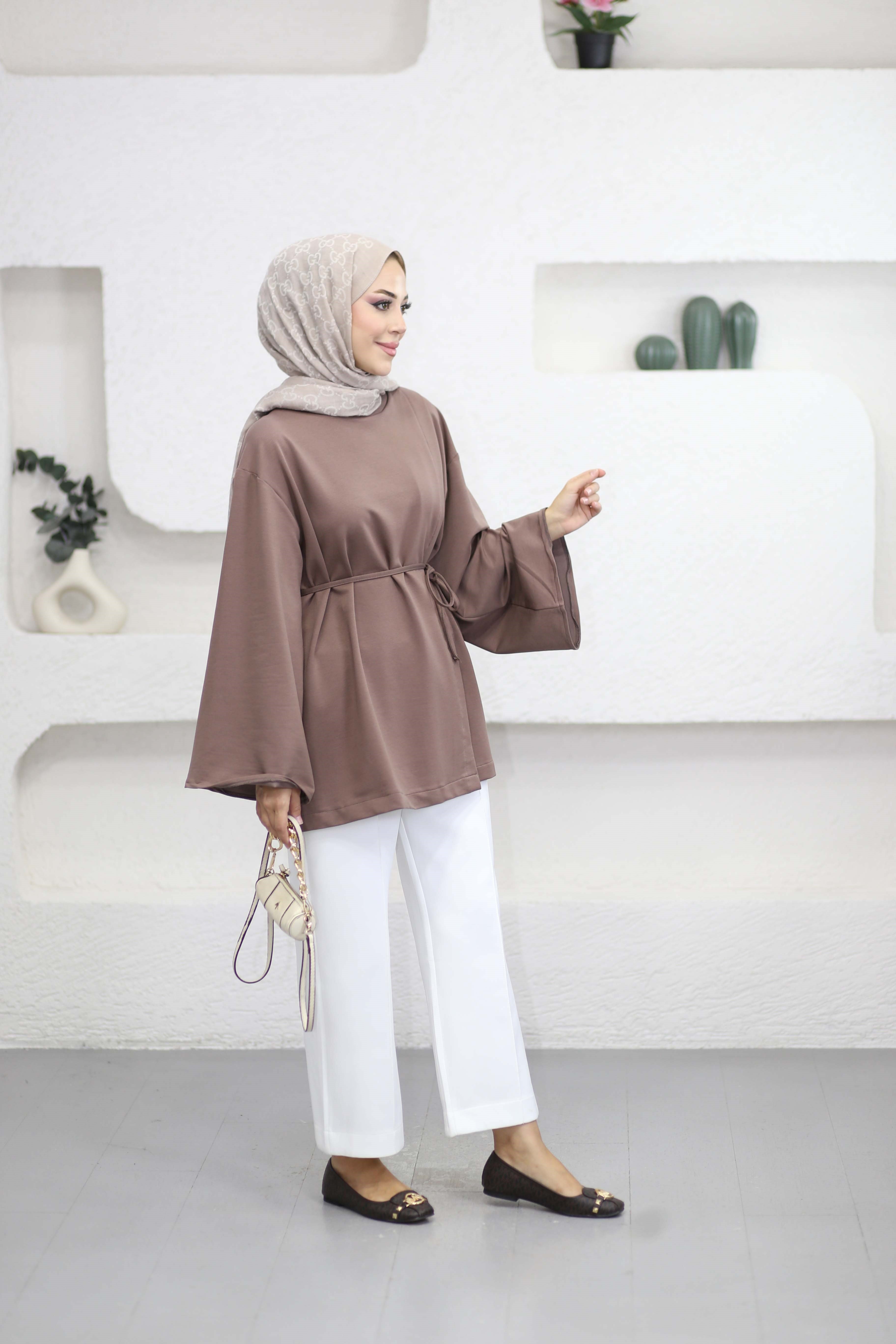 Asimetrik Kesim Bel Bağlamalı Tunik Toprak 3550