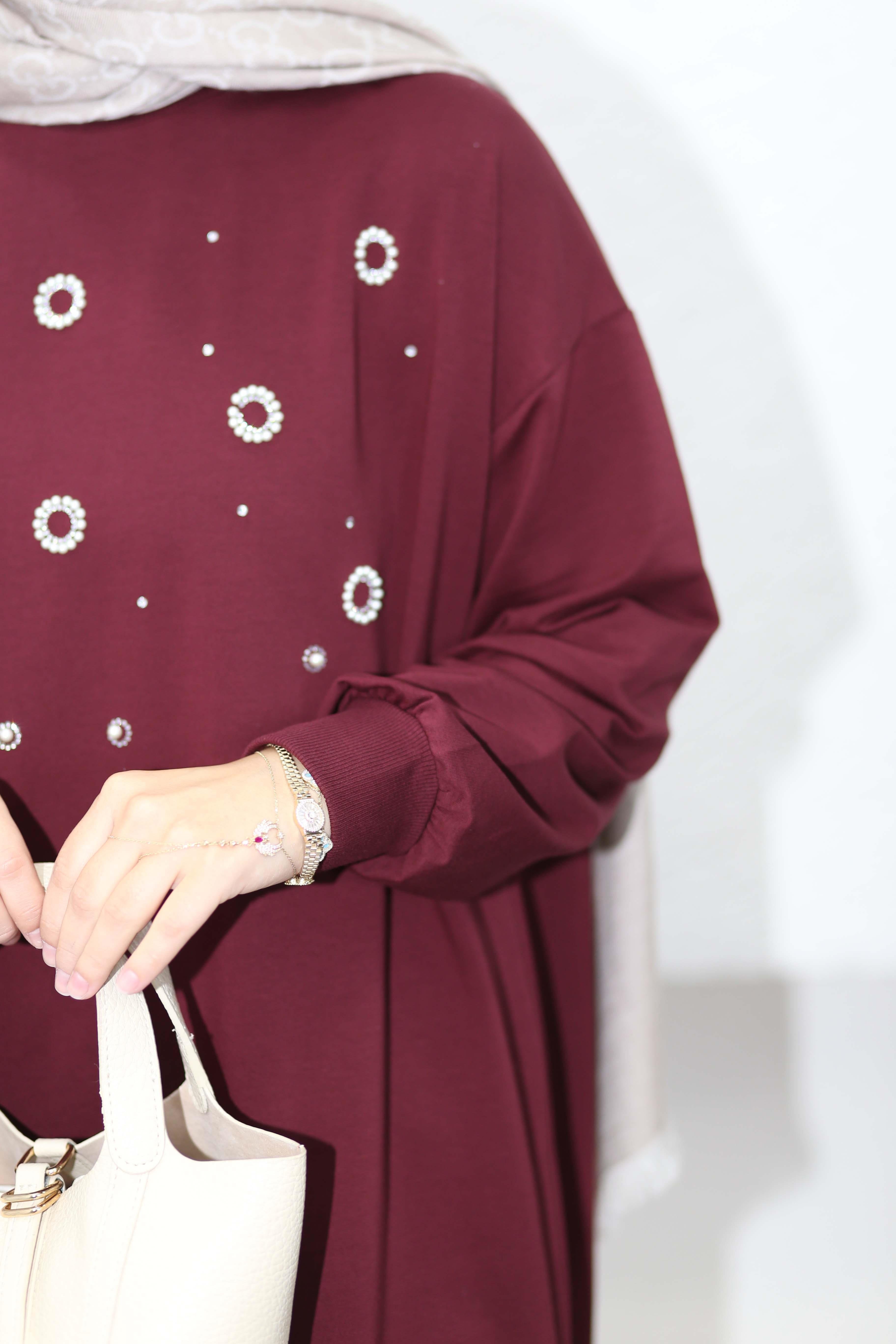 Taş Ve İnci Detaylı Sweat Bordo 3138