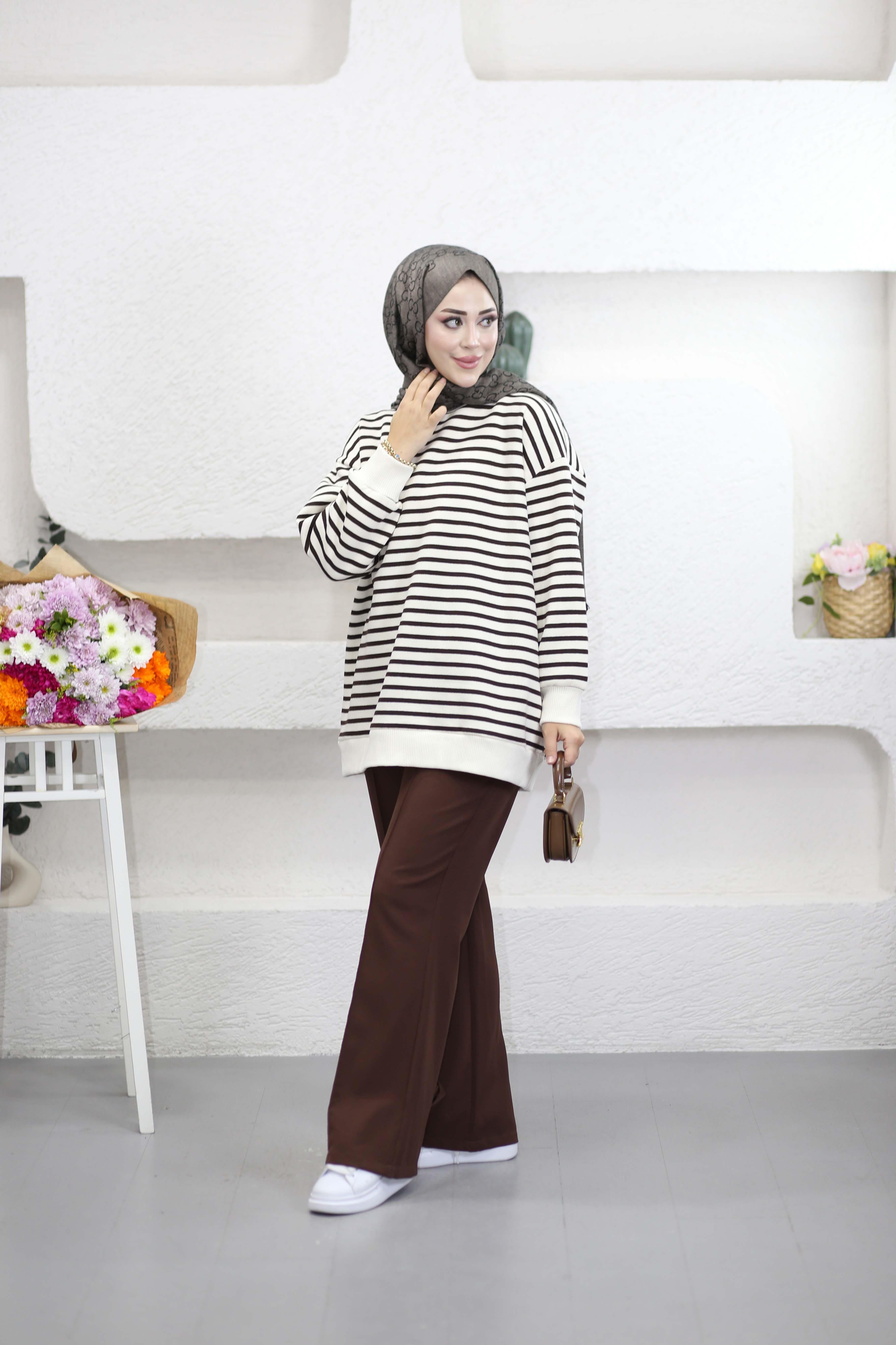 Oversize Çizgili Sweat Kahverengi 3030