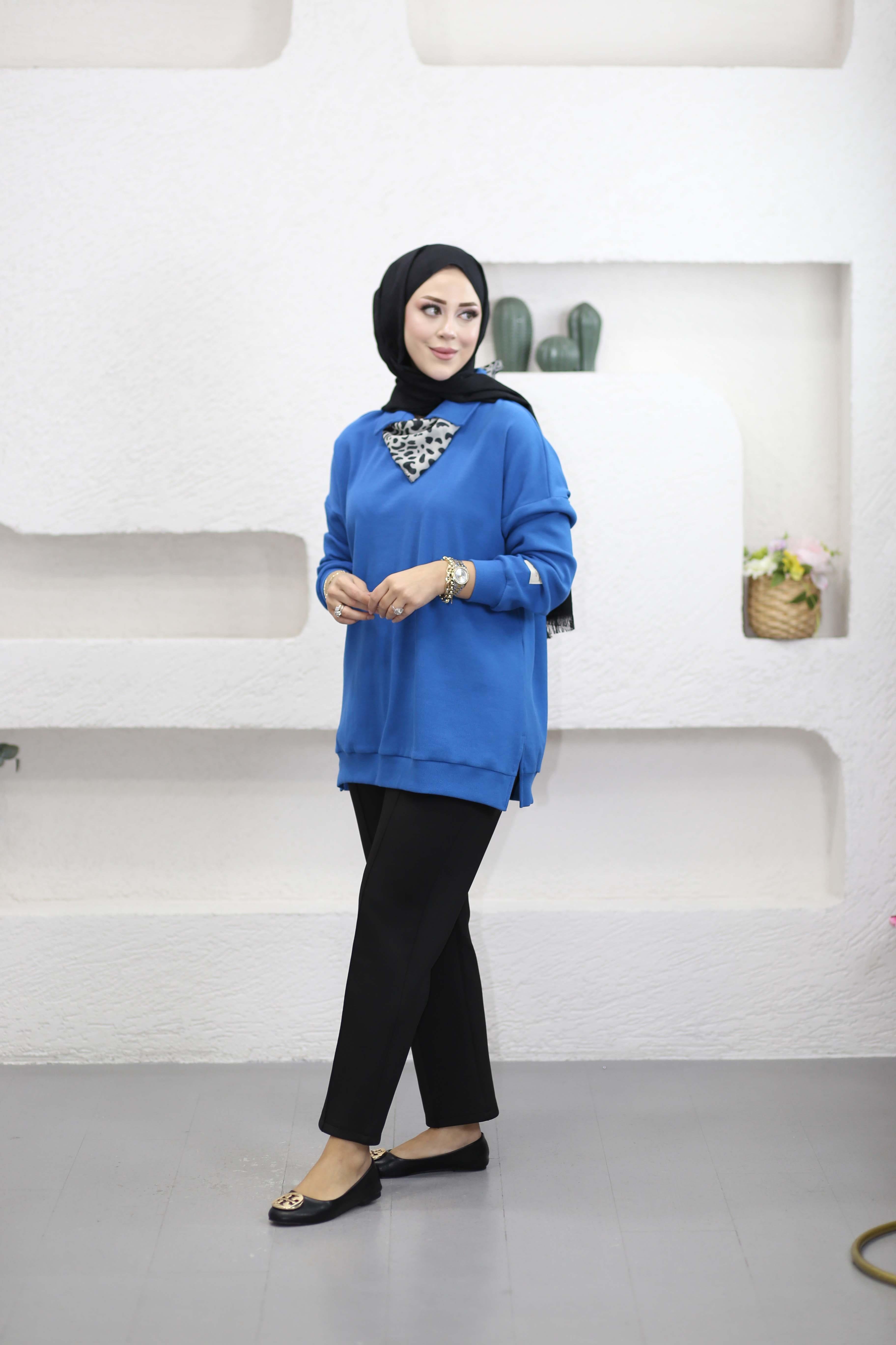 Leopar Fularlı Sweat Mavi 6110