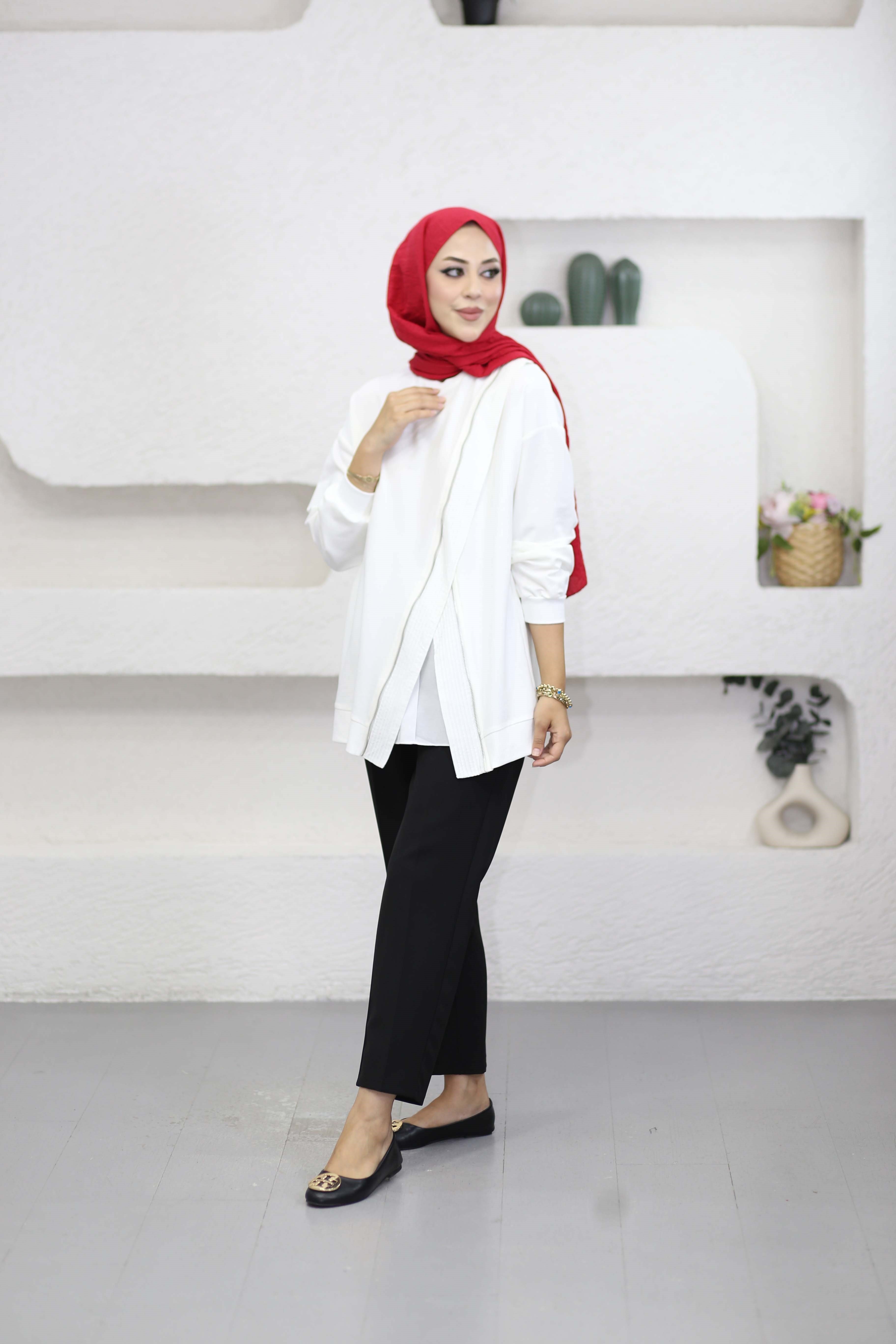 Çapraz Fermuarlı Sweat Beyaz 10771