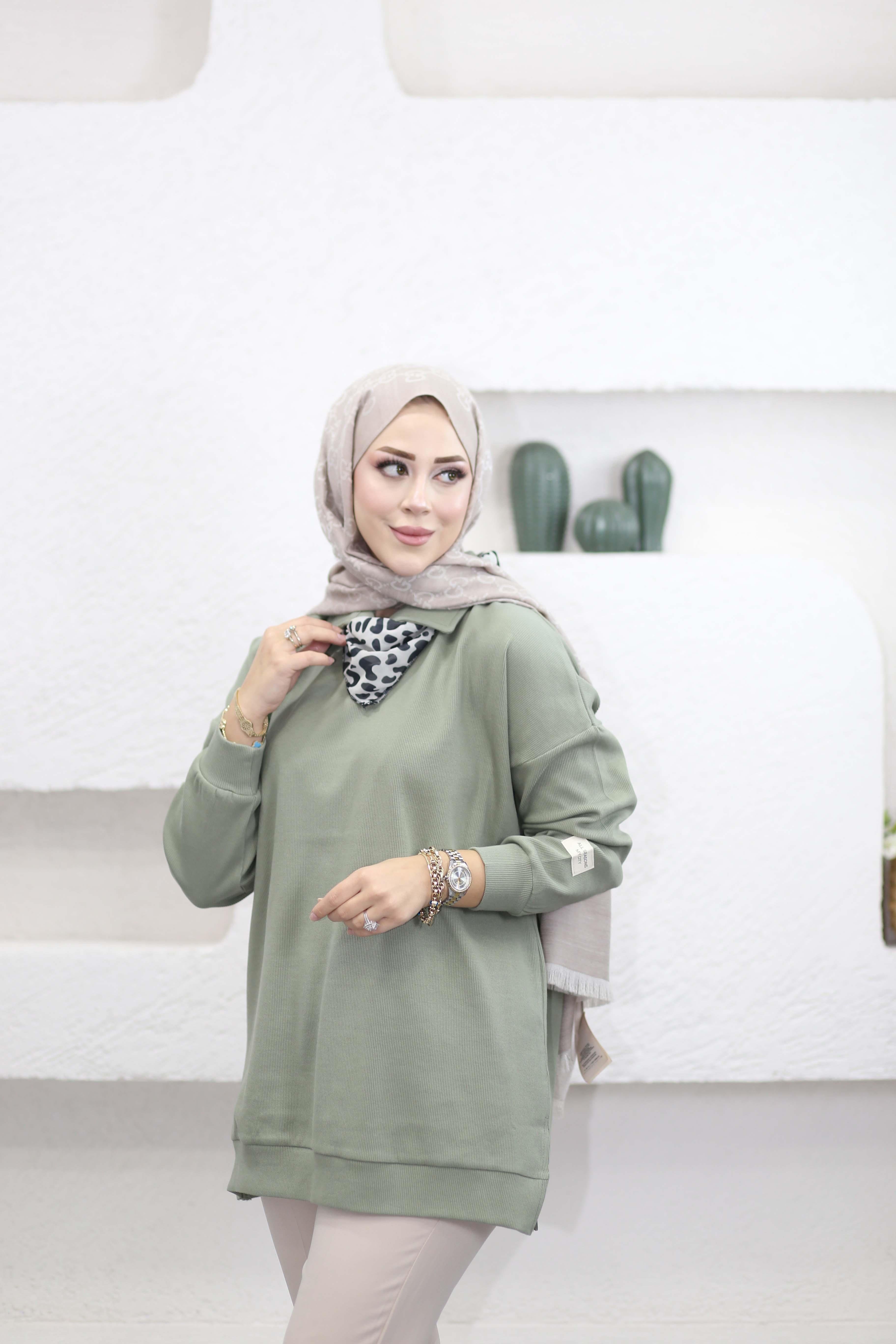Leopar Fularlı Sweat Çağla Yeşili 6110