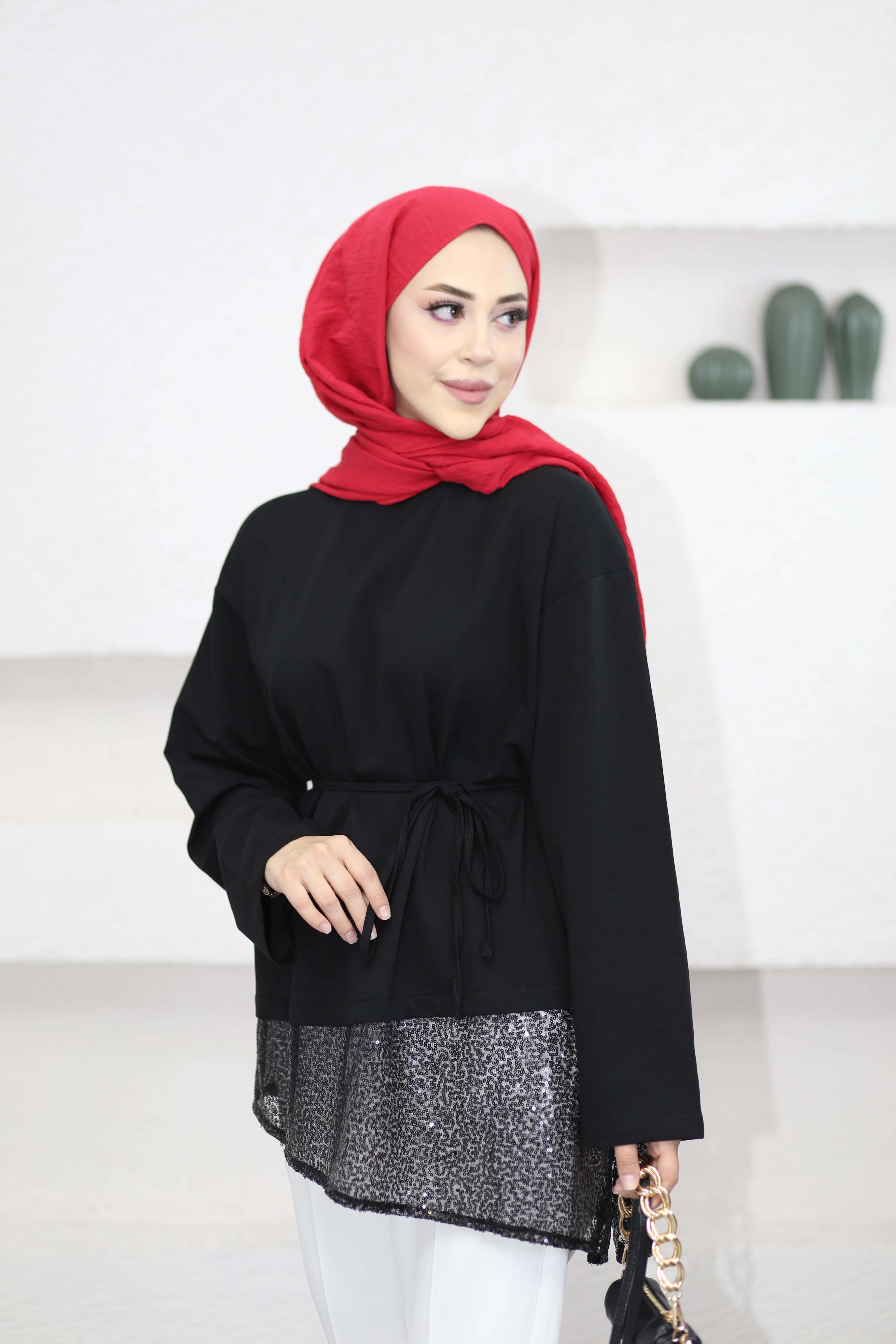 Eteği Payet Detaylı Sweat Siyah 3559