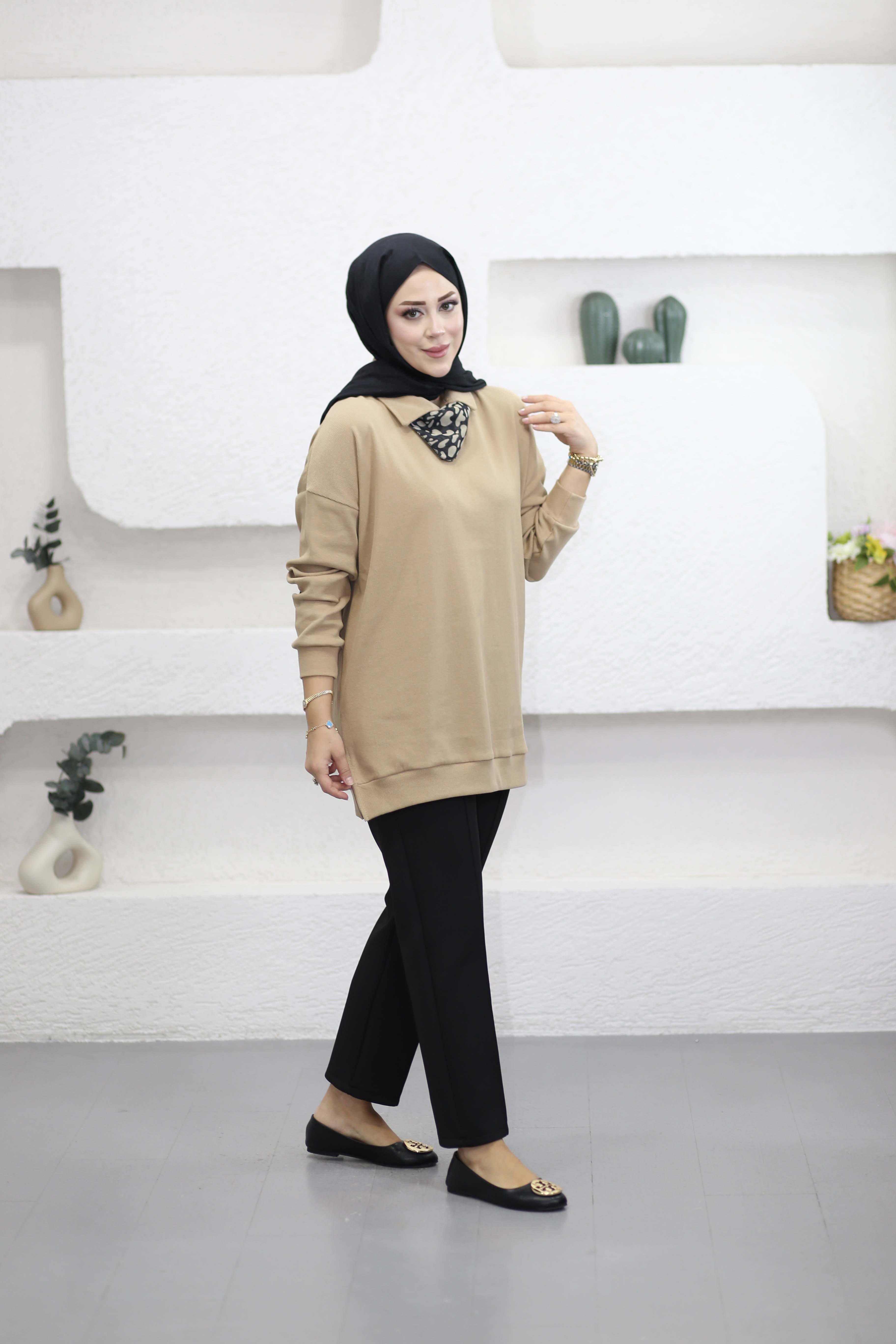 Leopar Fularlı Sweat Camel 6110