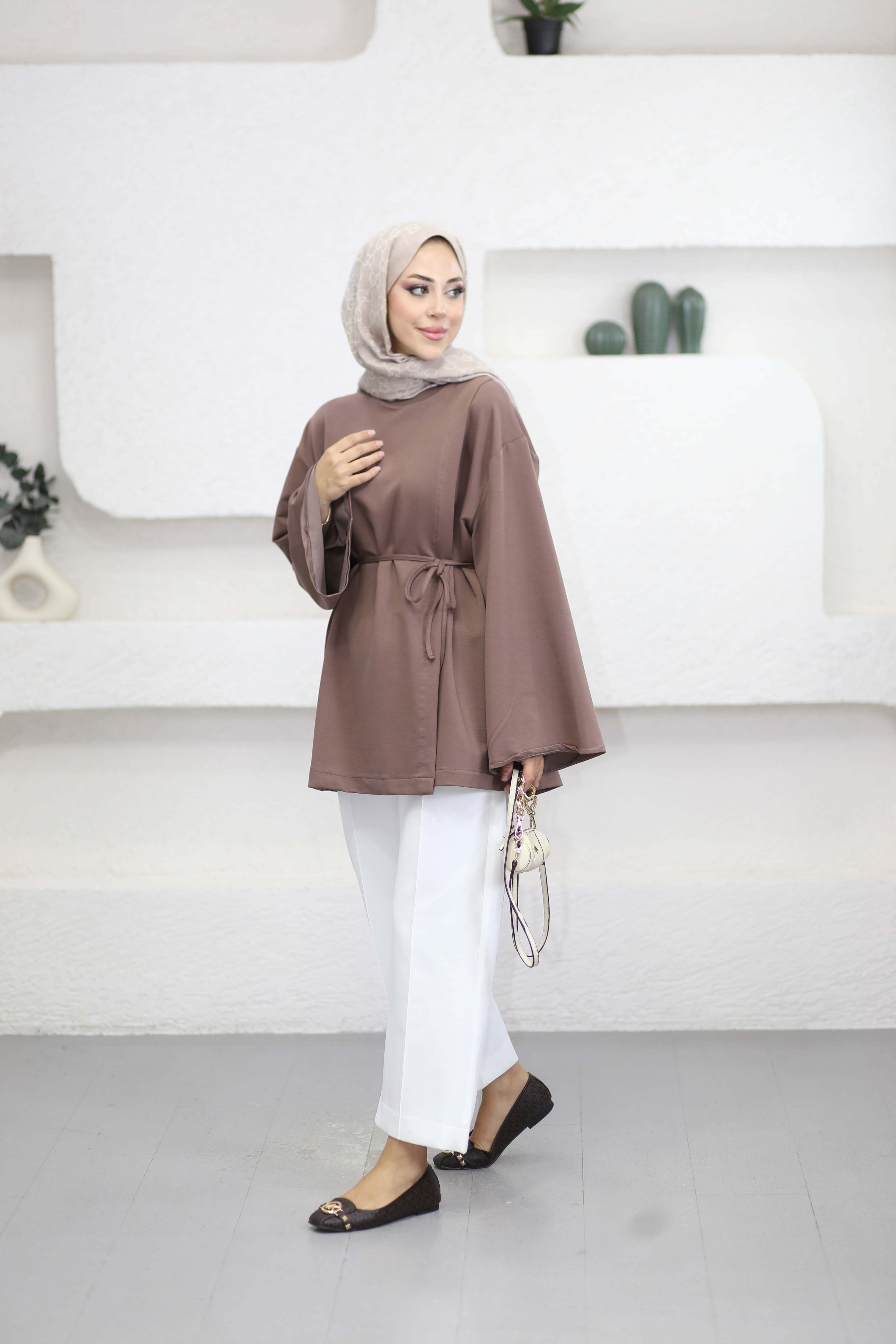 Asimetrik Kesim Bel Bağlamalı Tunik Toprak 3550