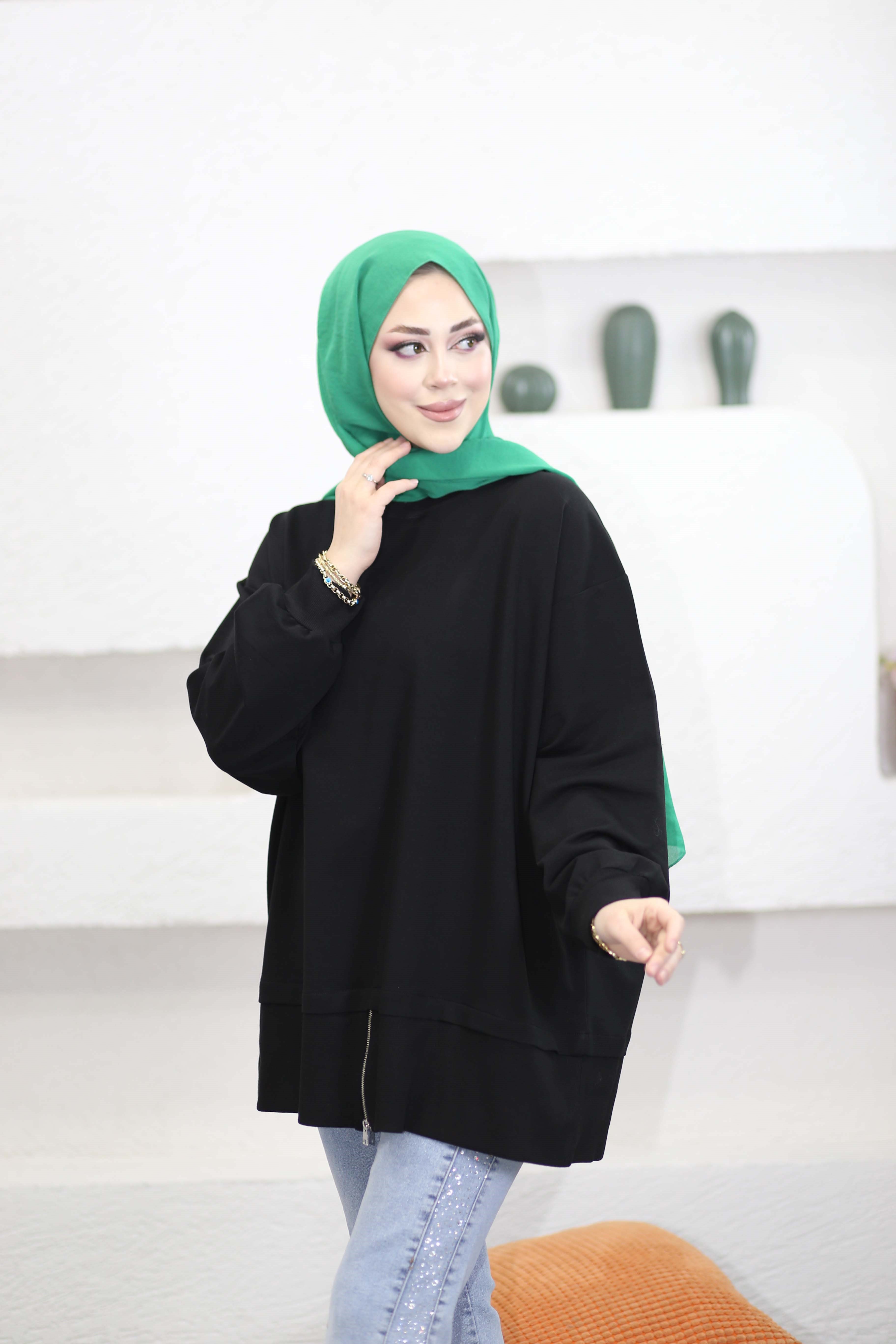 Eteği Fermuarlı Basıc Sweat Siyah 6284