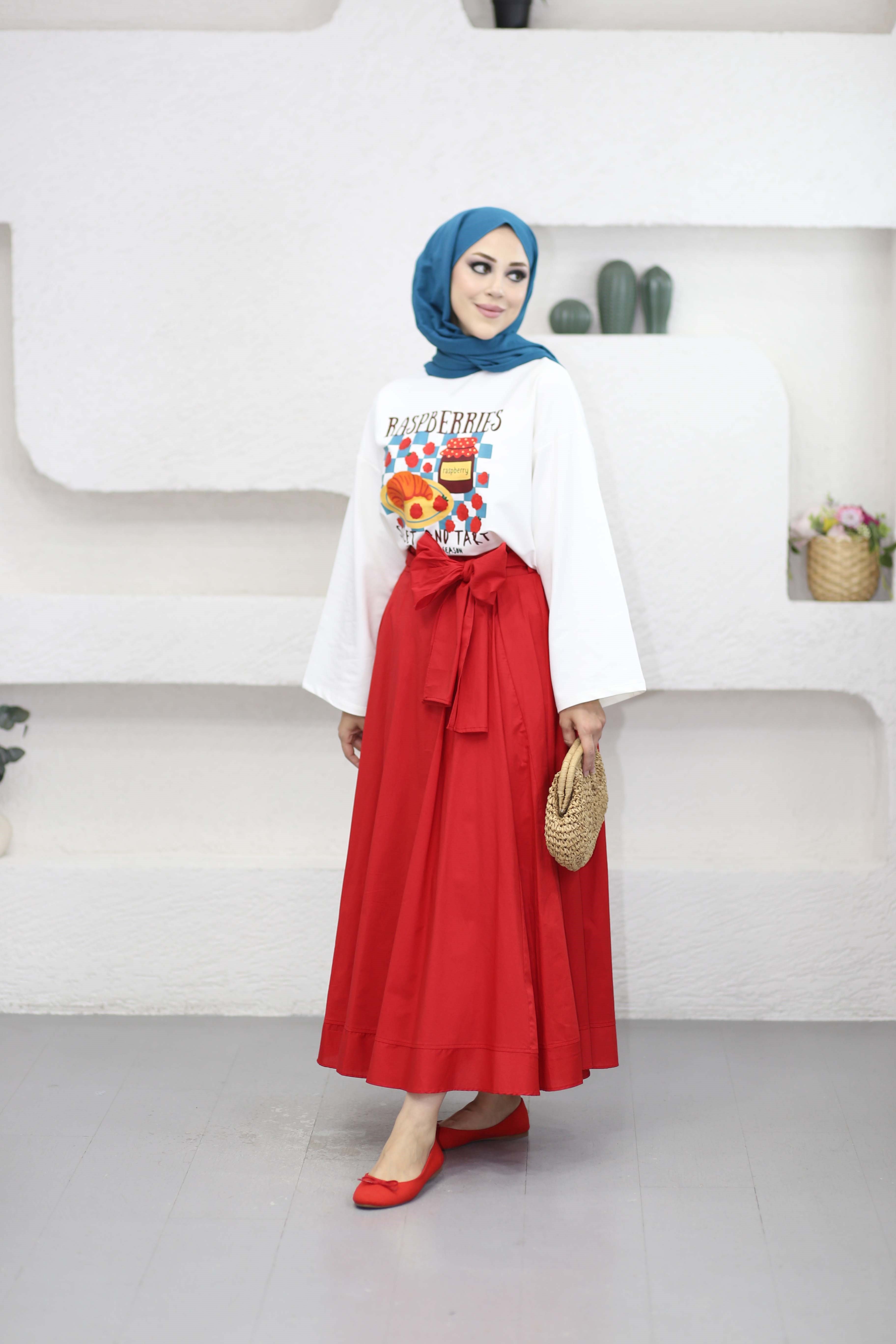 Oversize Baskılı Tişört Kırmızı 2792