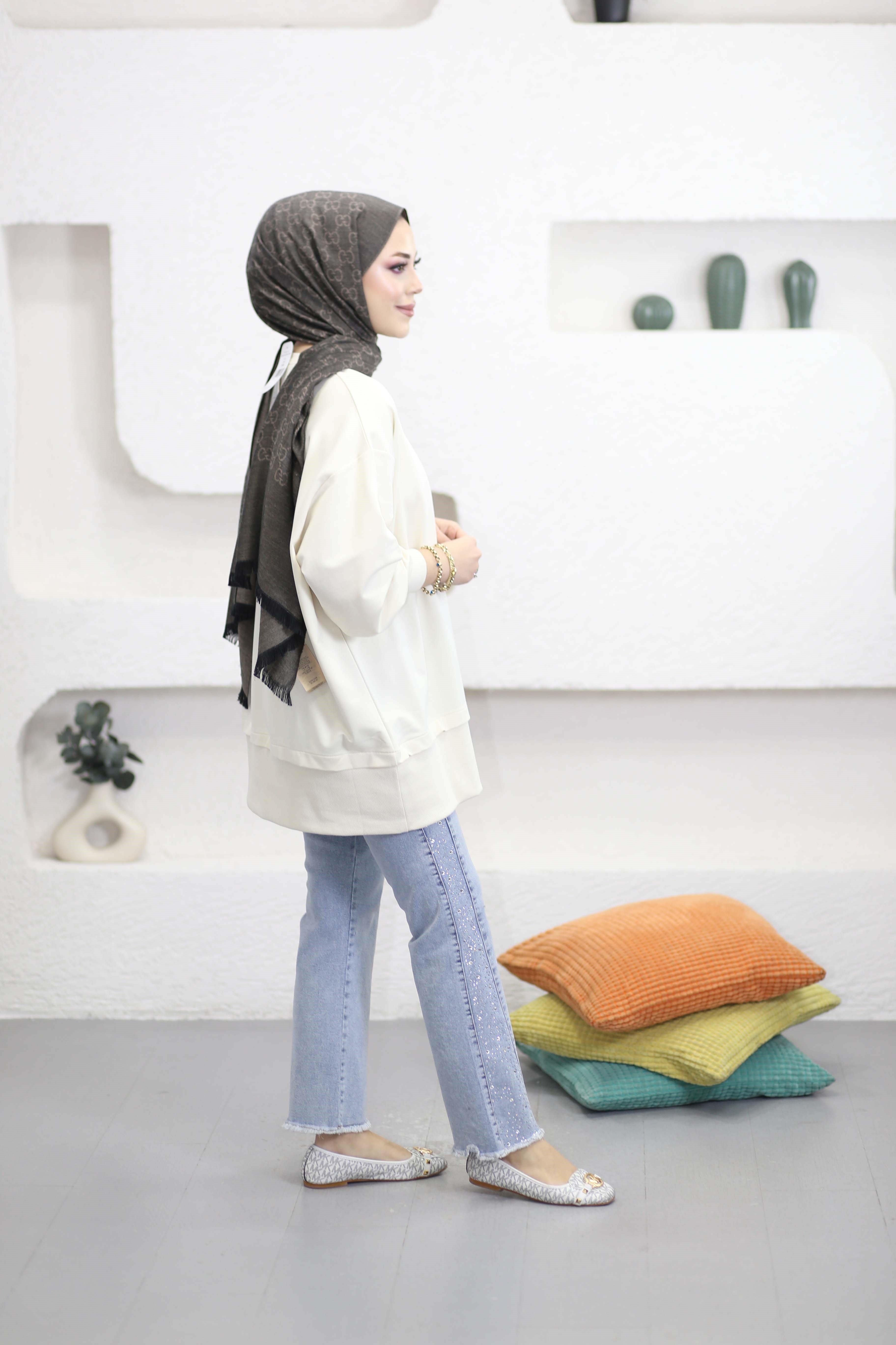 Eteği Fermuarlı Basıc Sweat Krem 6284