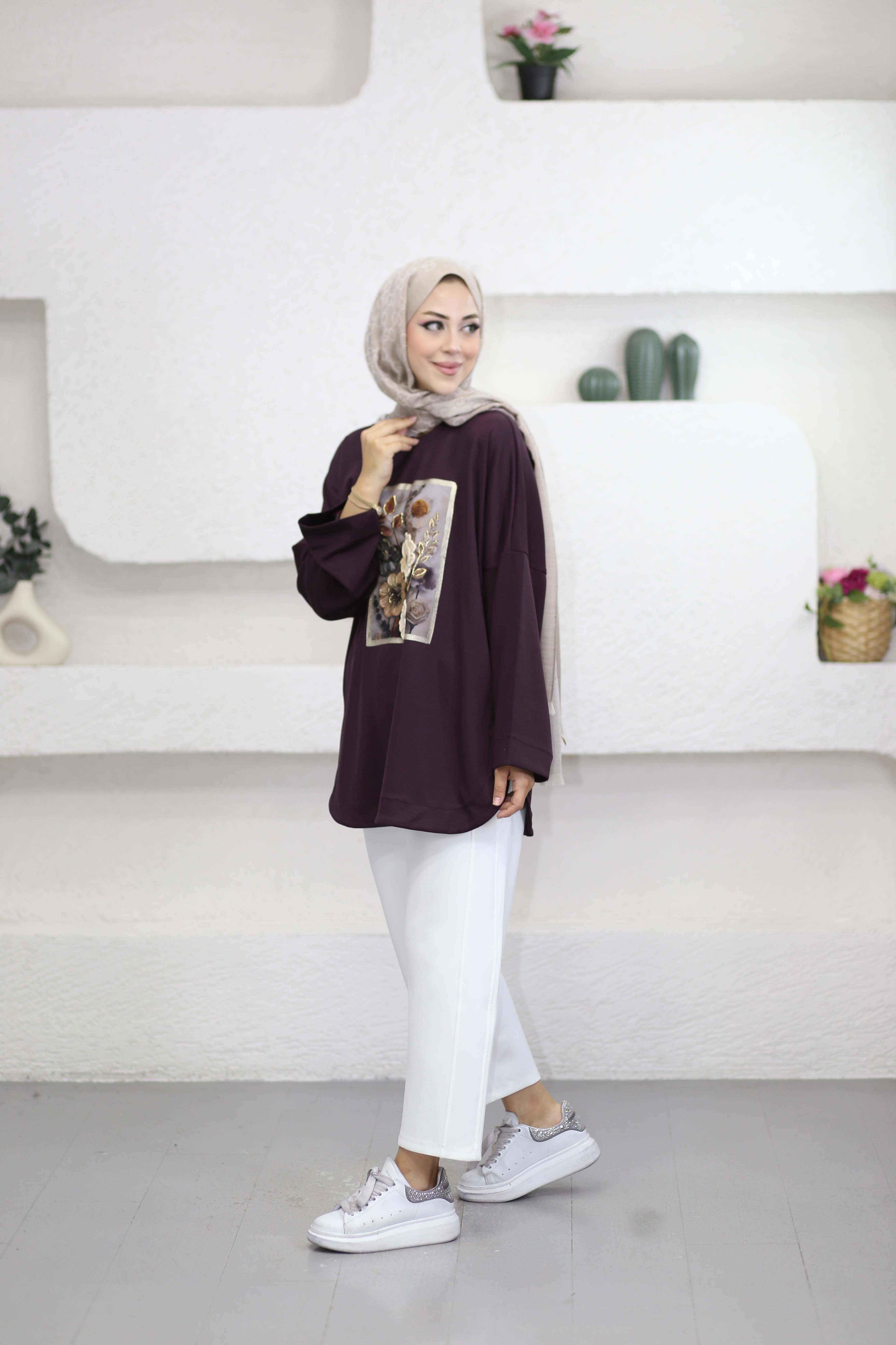 Çiçek Nakışlı Sweat Mürdüm 1135