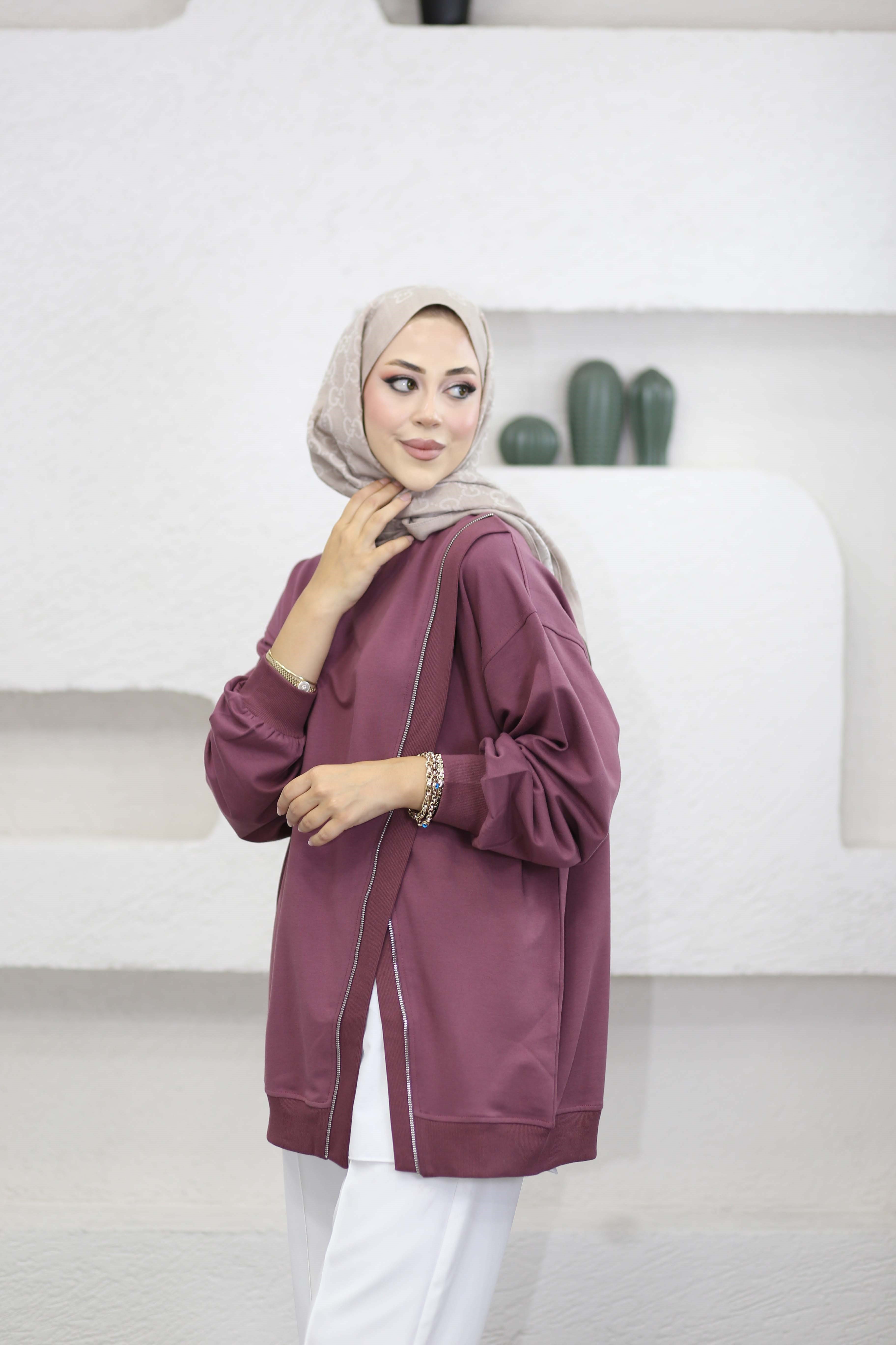 Çapraz Fermuarlı Sweat Mürdüm 10771