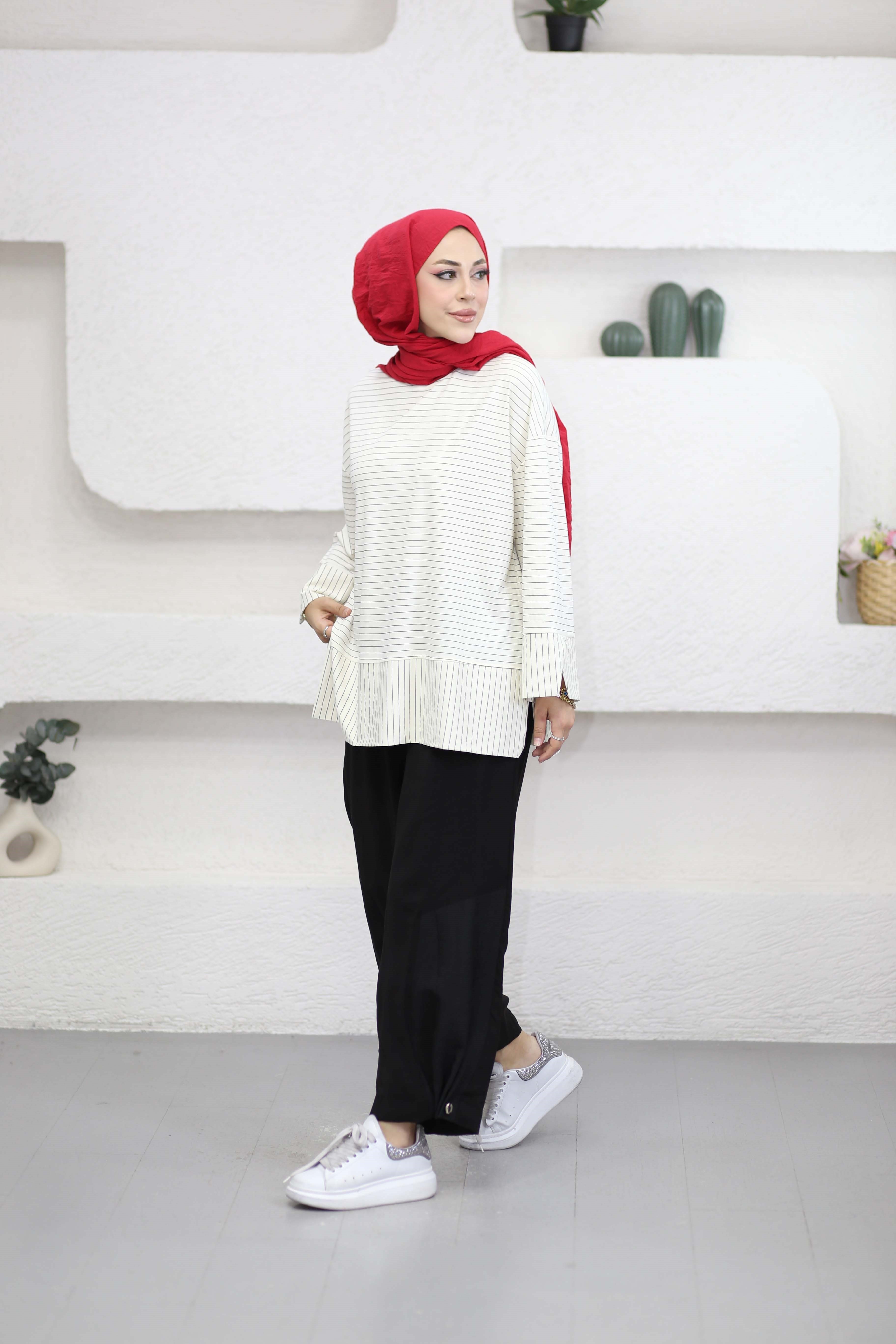 Çizgili Penye Tunik Krem 5023