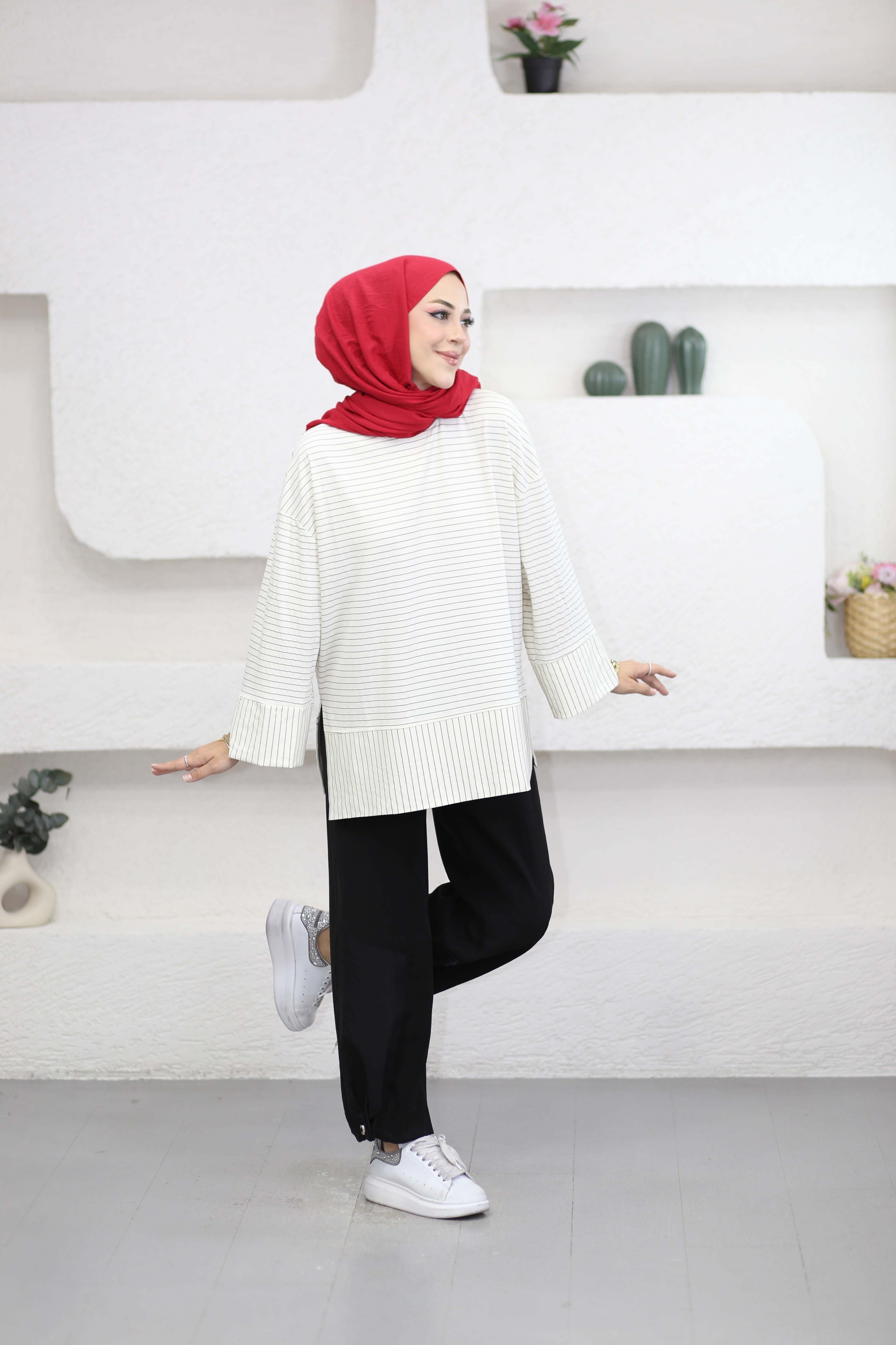 Çizgili Penye Tunik Krem 5023