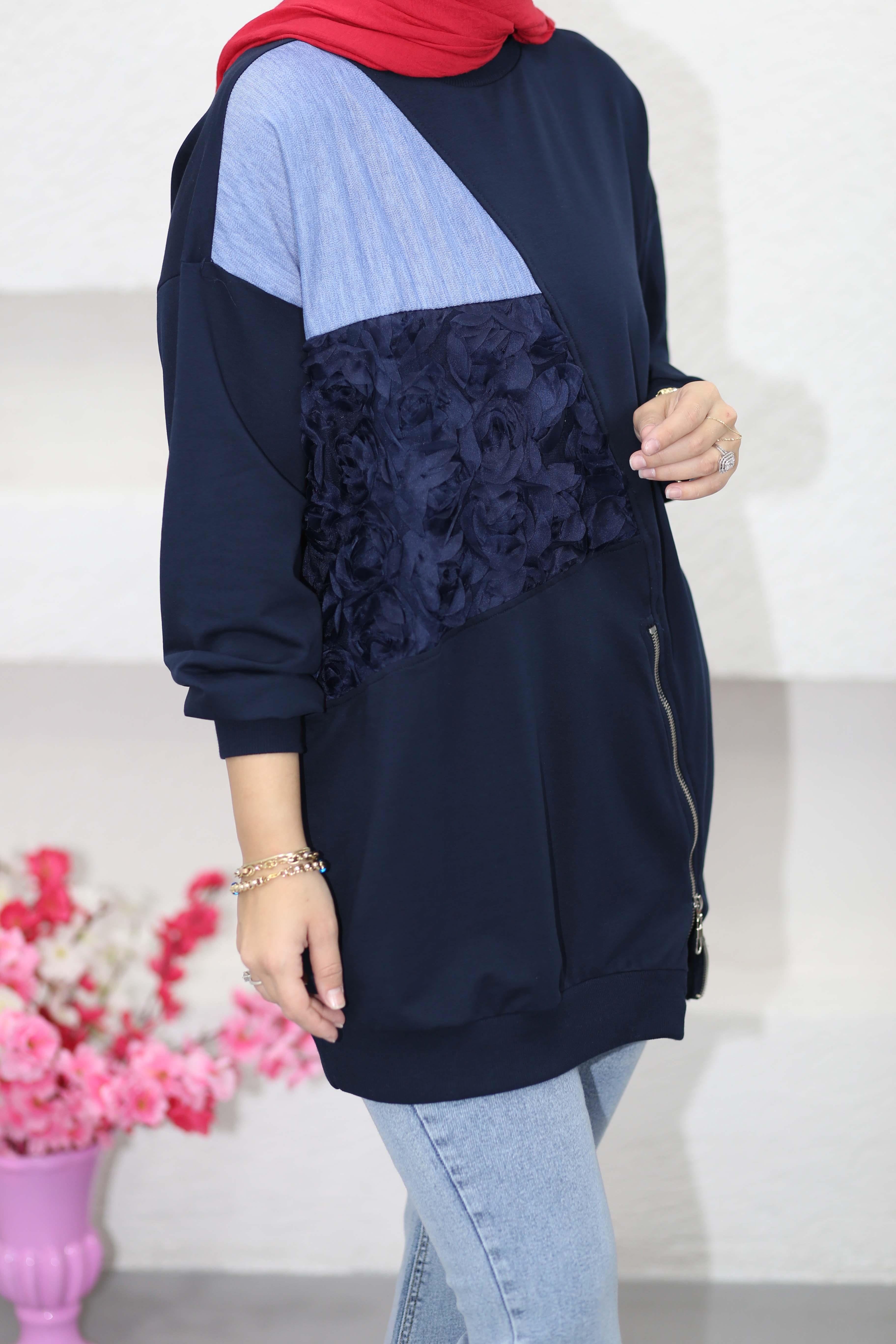 Tül Ve Kat Garnili Sweat Lacivert 3127