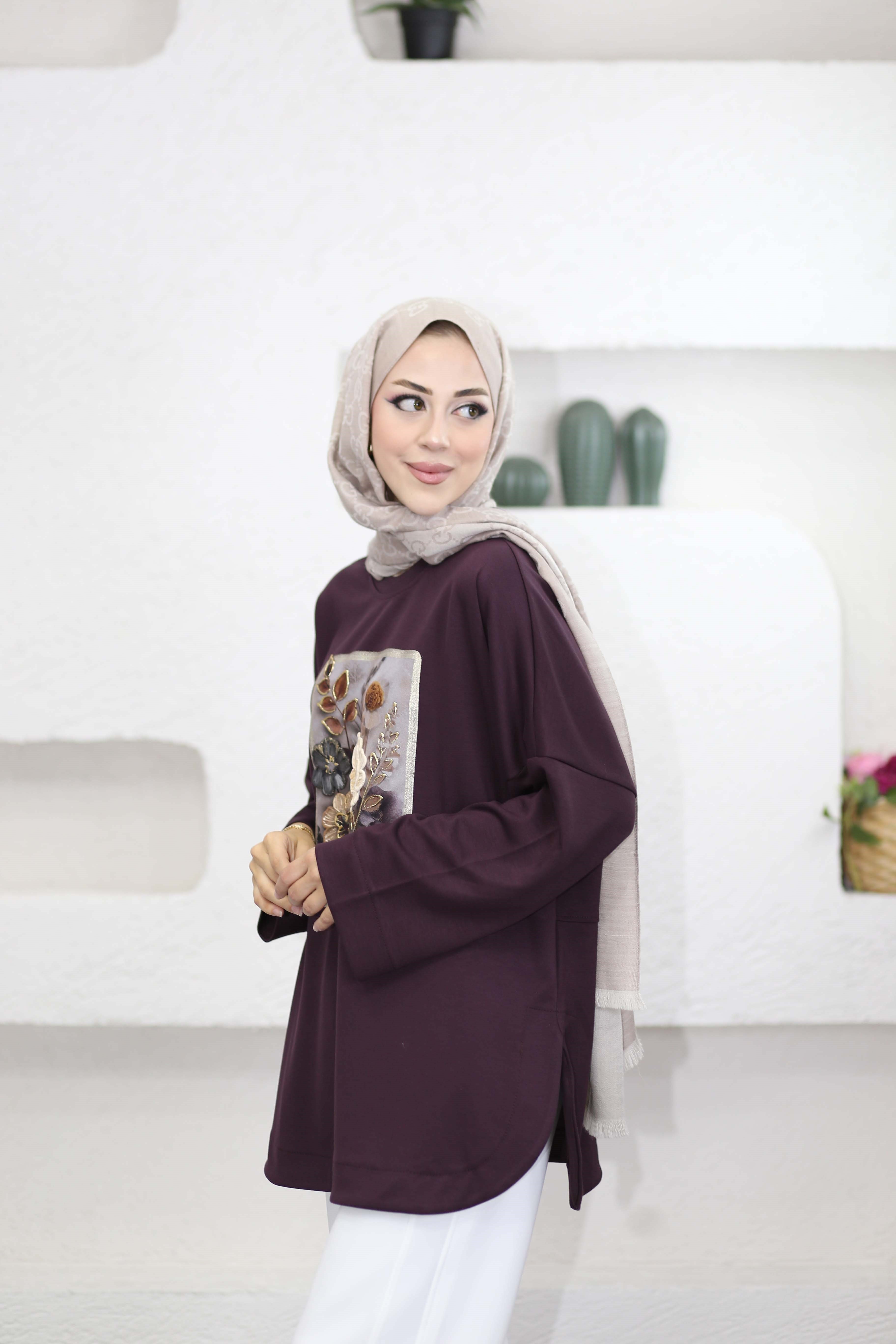 Çiçek Nakışlı Sweat Mürdüm 1135