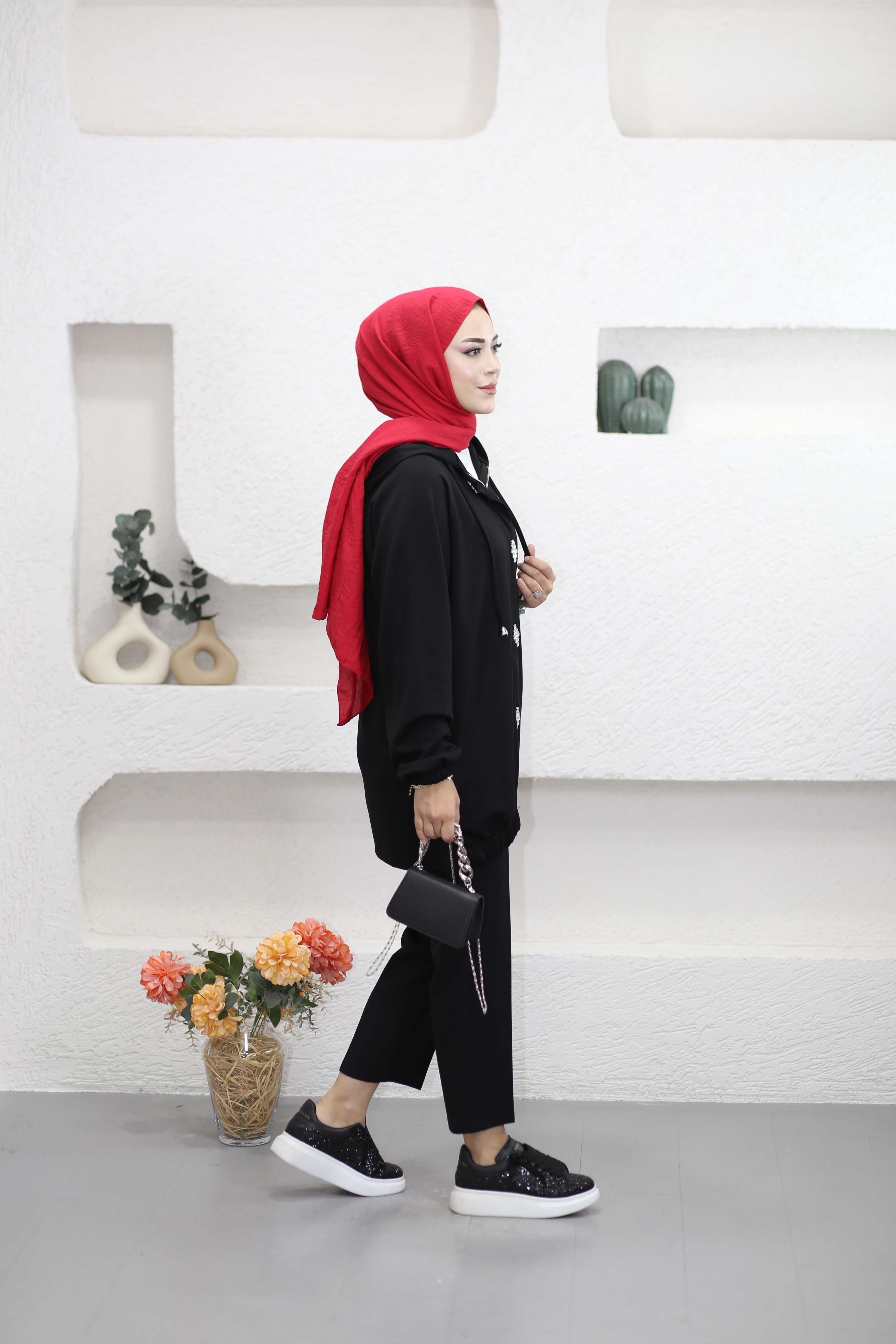 Kristal Dokunuş Kapşonlu Sweat Siyah 250305