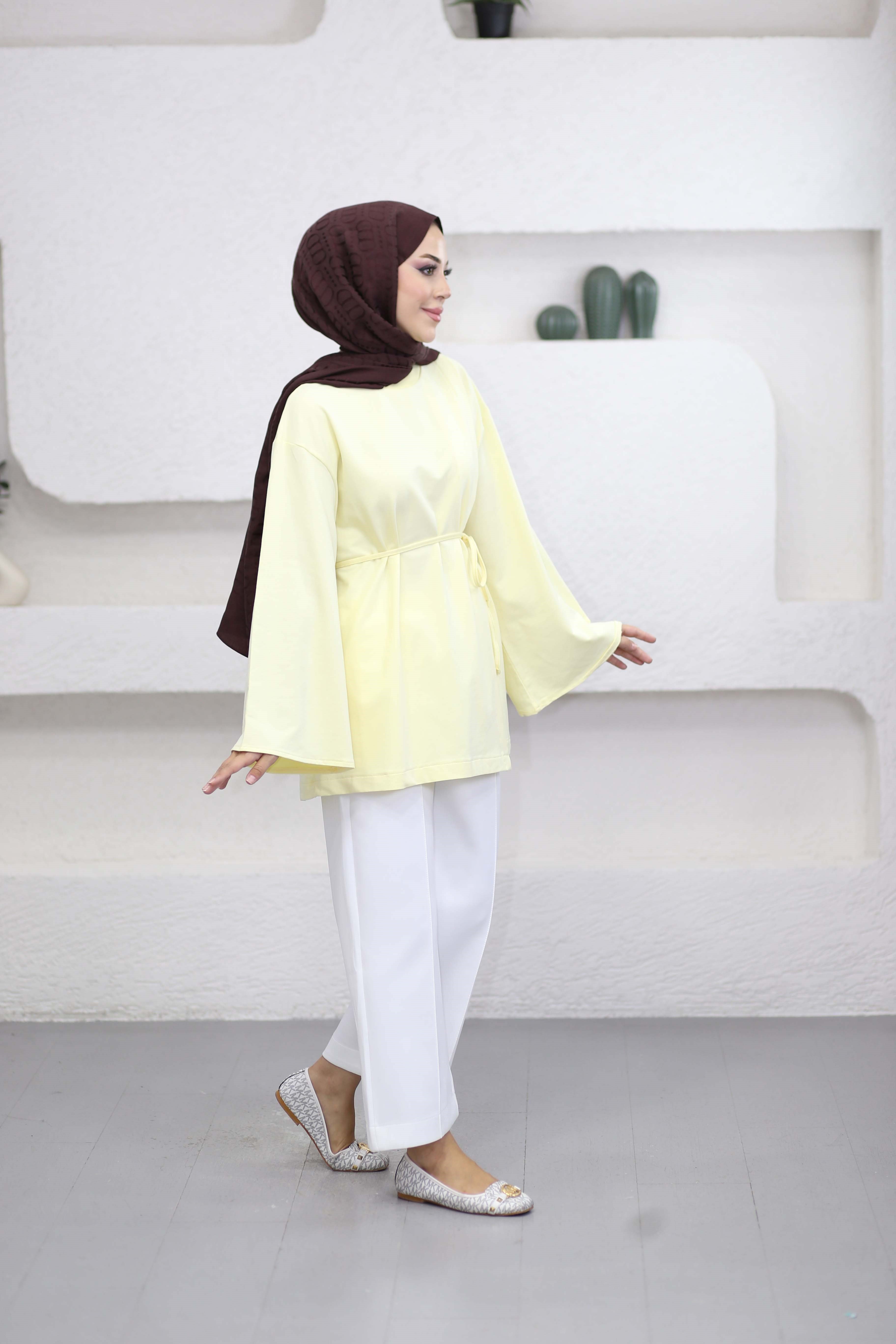 Asimetrik Kesim Bel Bağlamalı Tunik Sarı 3550