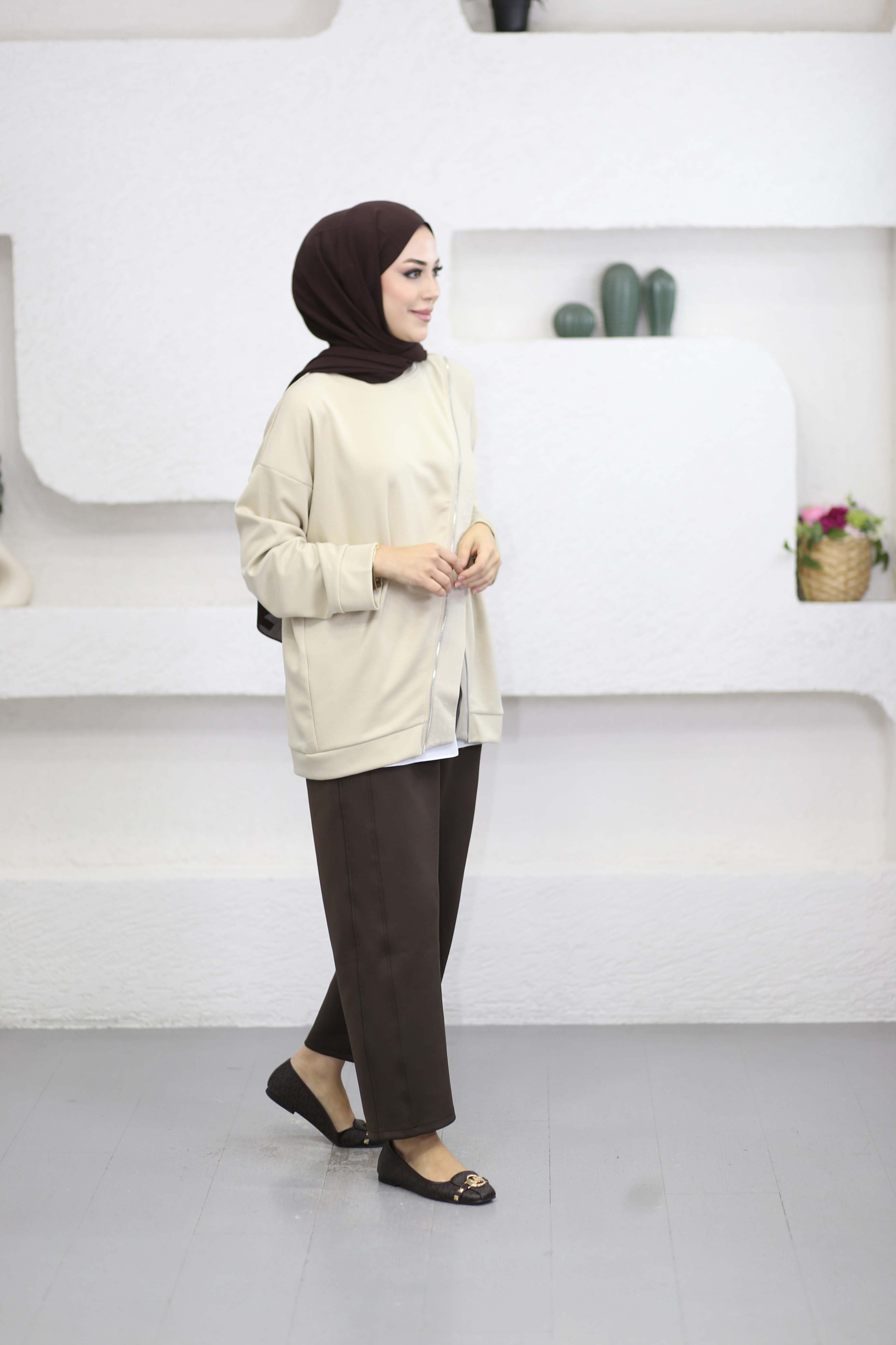 Çapraz Fermuarlı Sweat Bej 10771