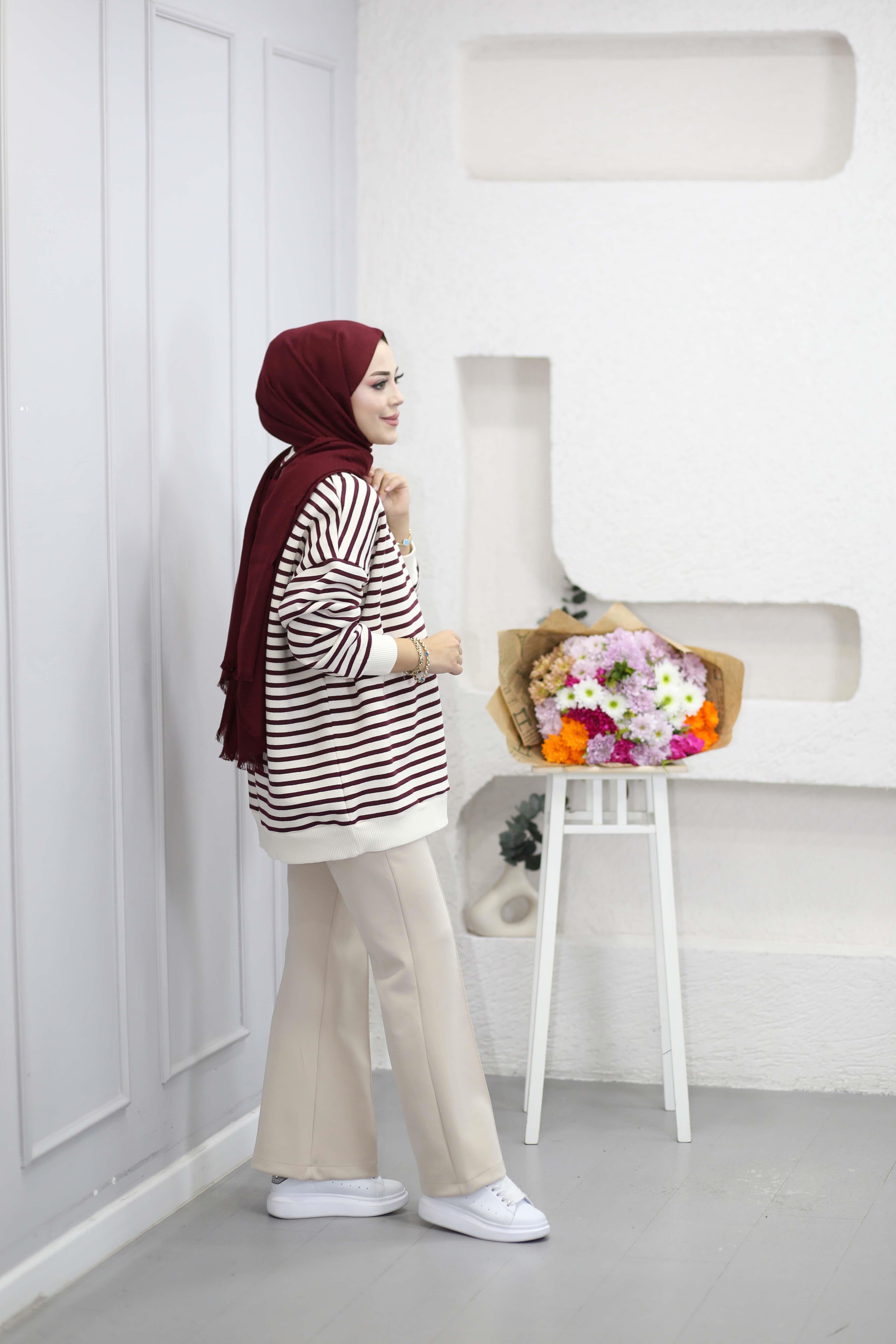 Oversize Çizgili Sweat Bordo 3030