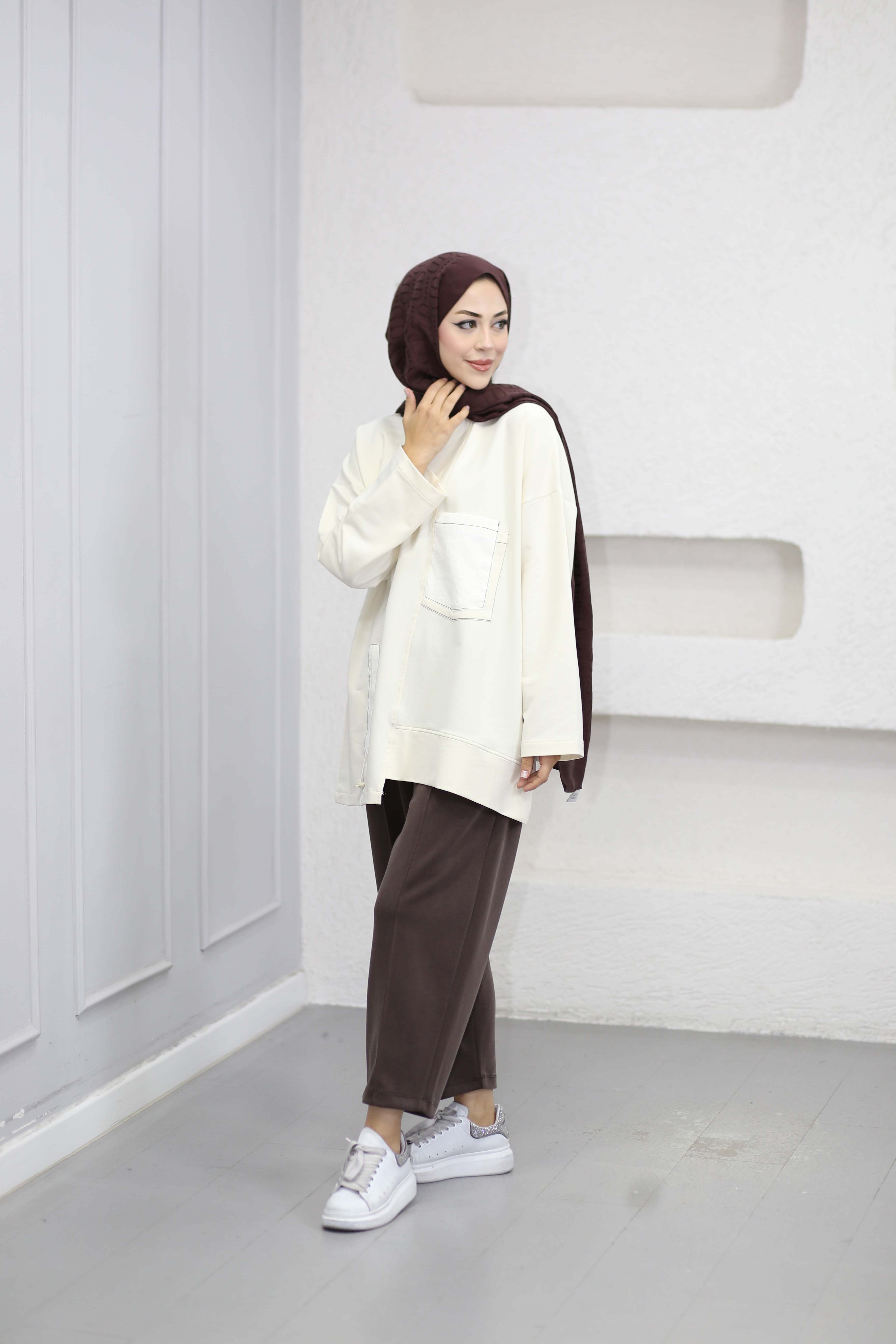 Yan Büzgülü Sweat Ekru 6709