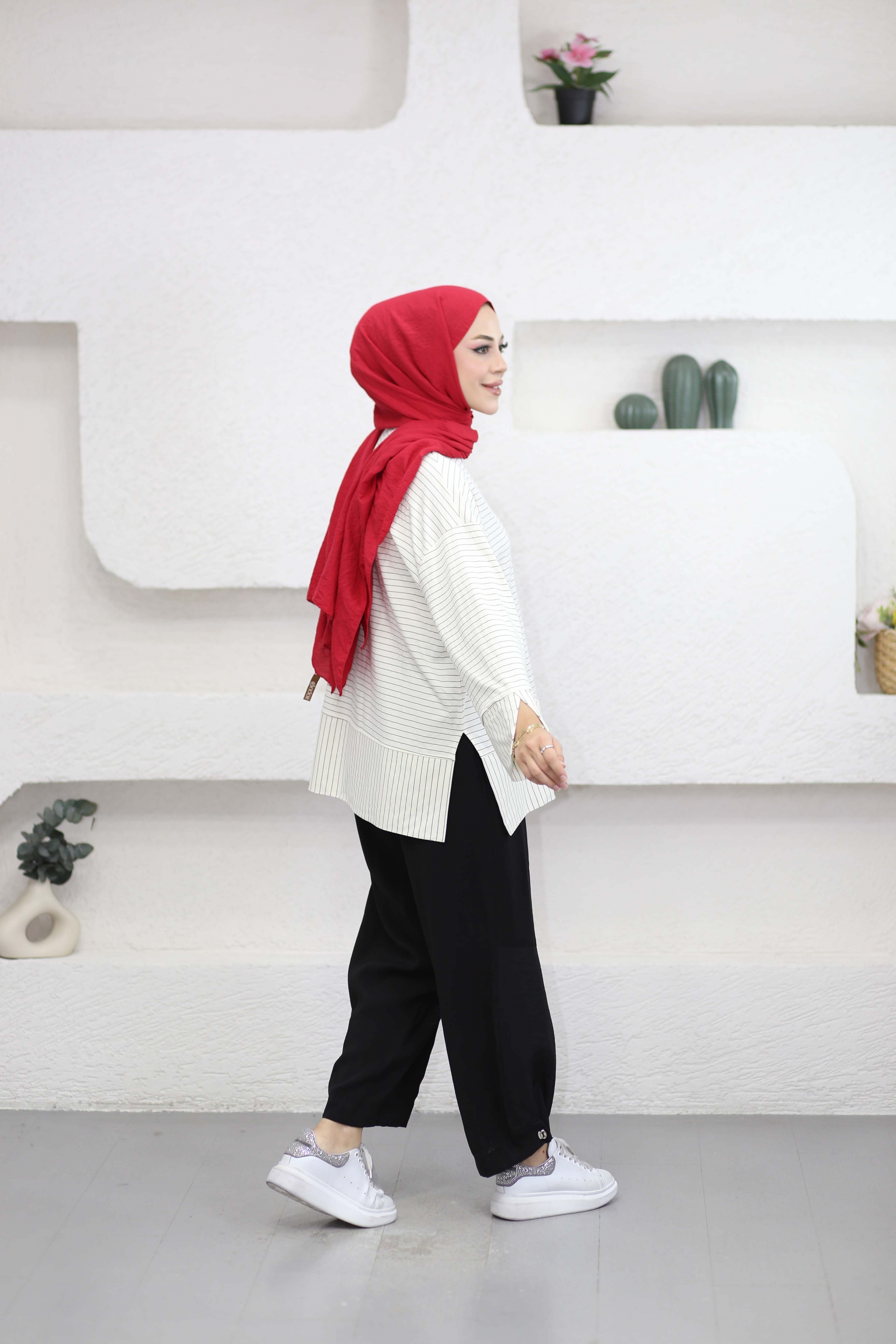 Çizgili Penye Tunik Krem 5023