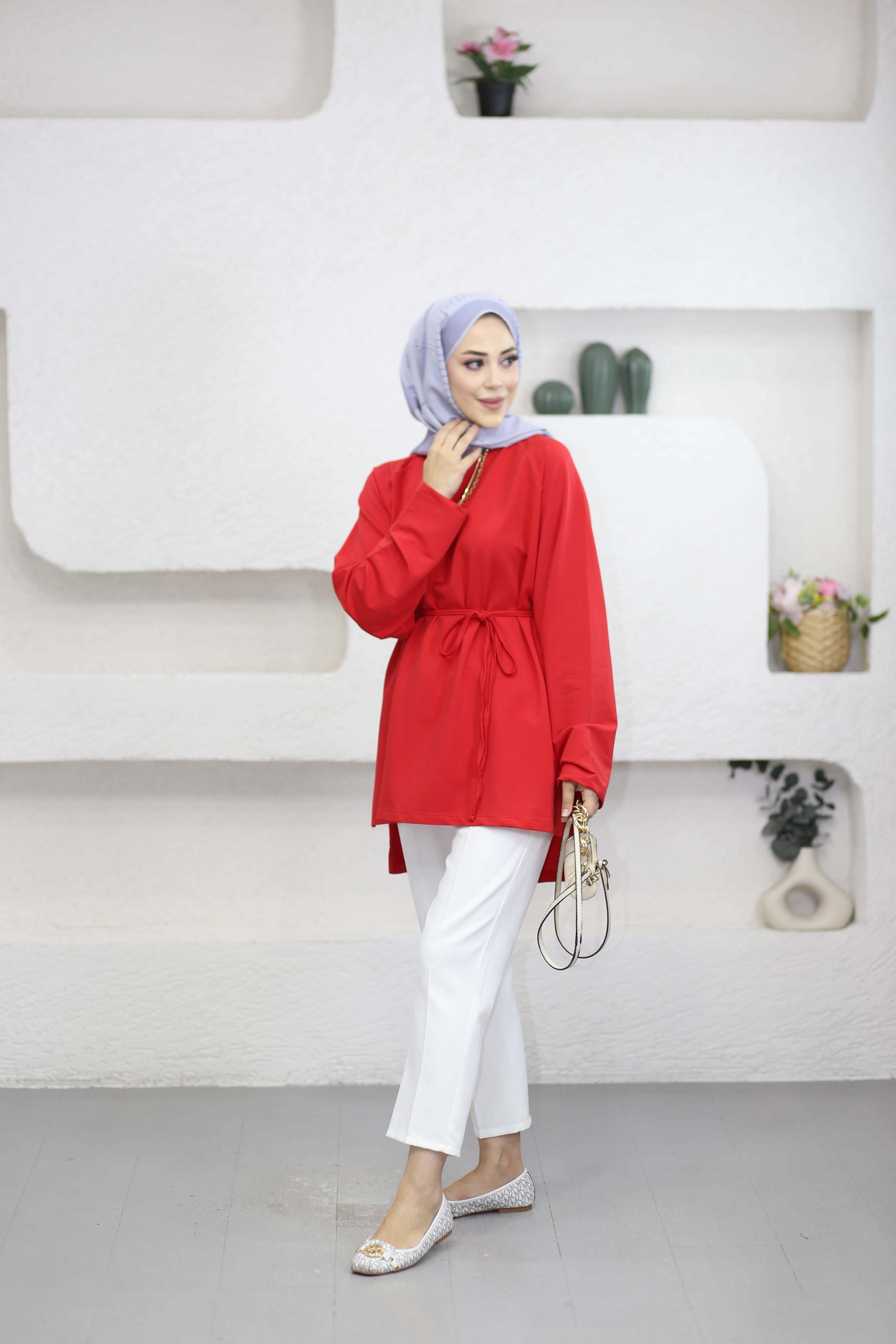 Bel Bağlamalı Tunik Kırmızı 3548