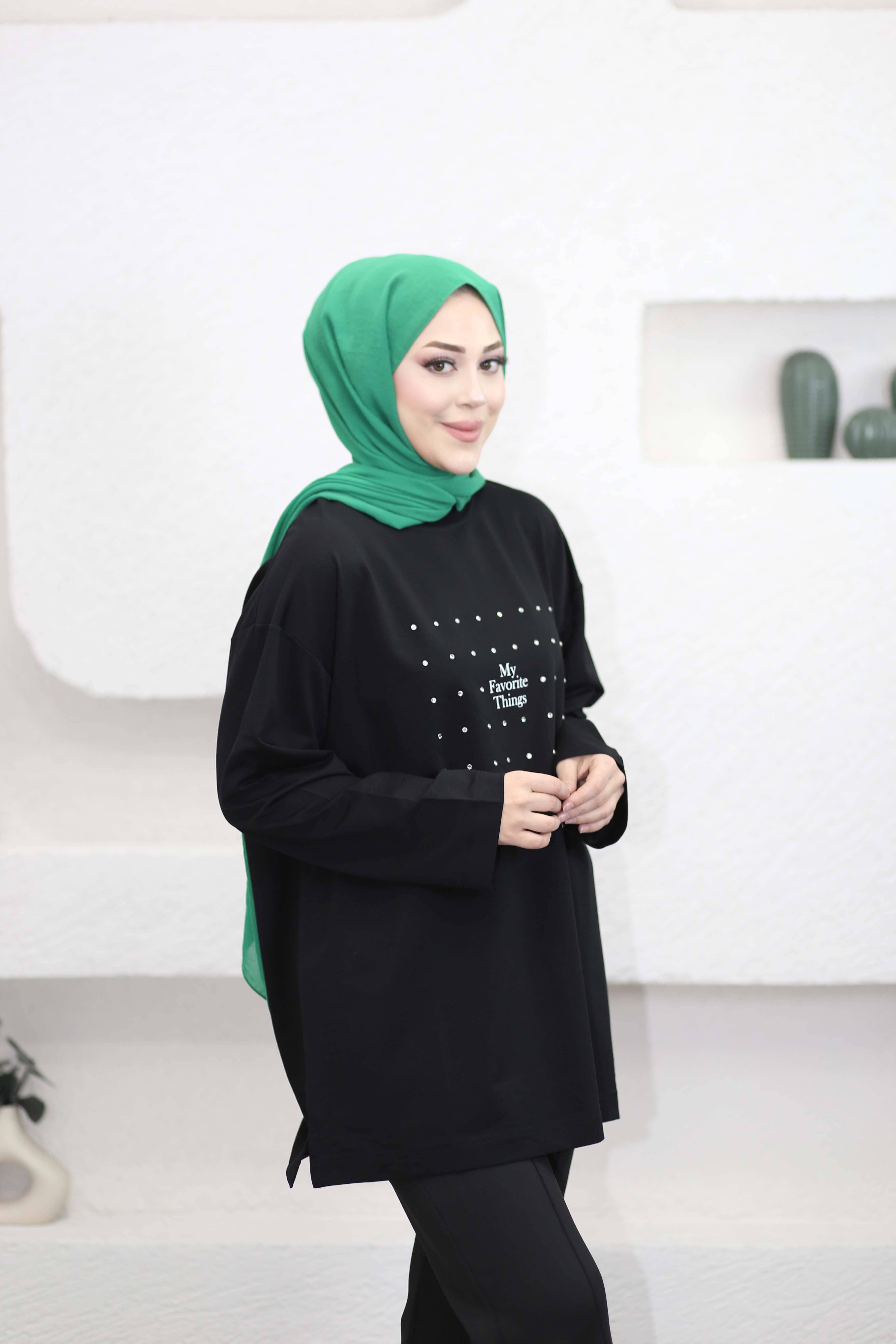 Baskısı Taş Detaylı Sweat Siyah 3112