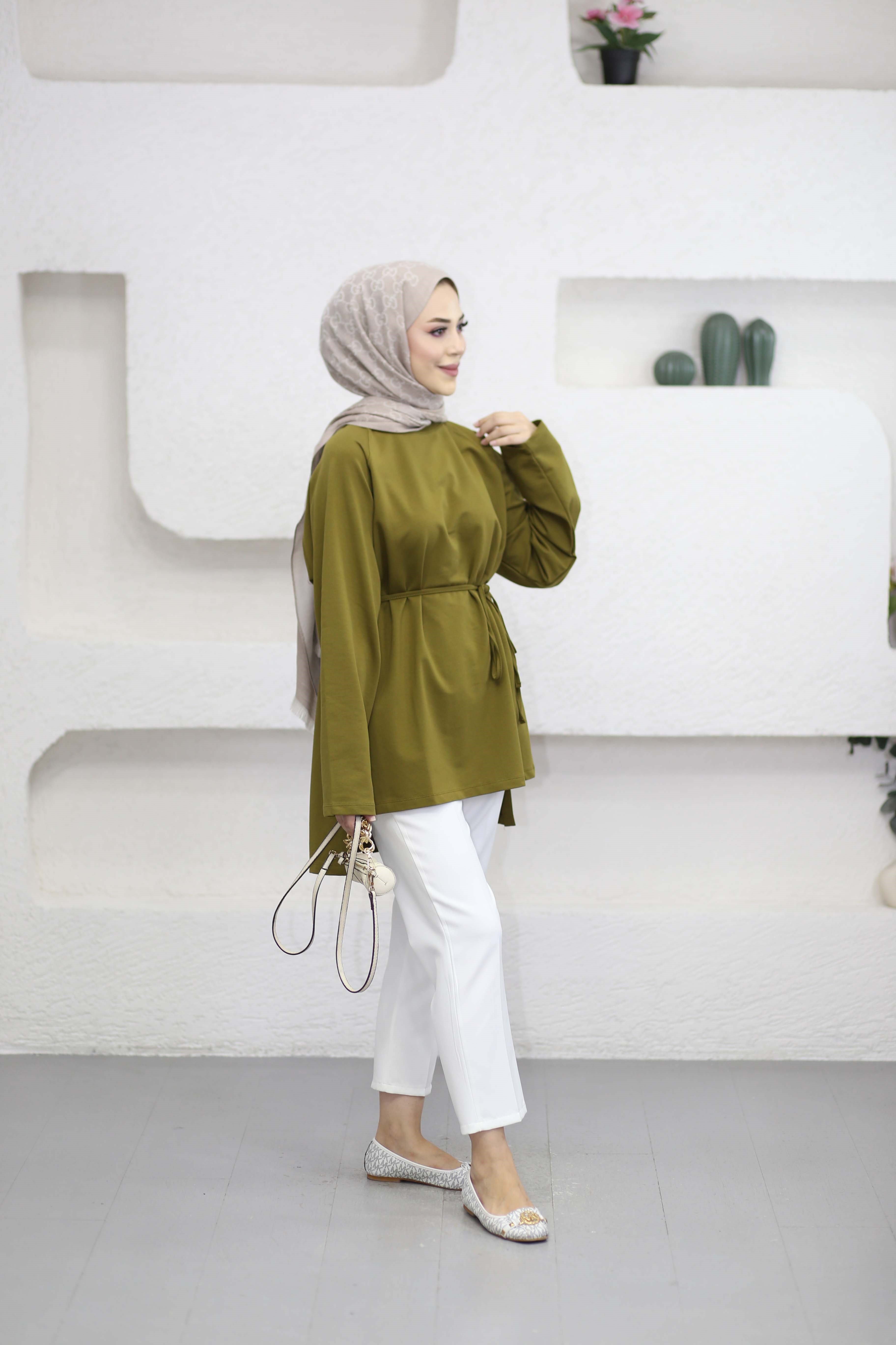 Bel Bağlamalı Tunik Yağ Yeşili 3548