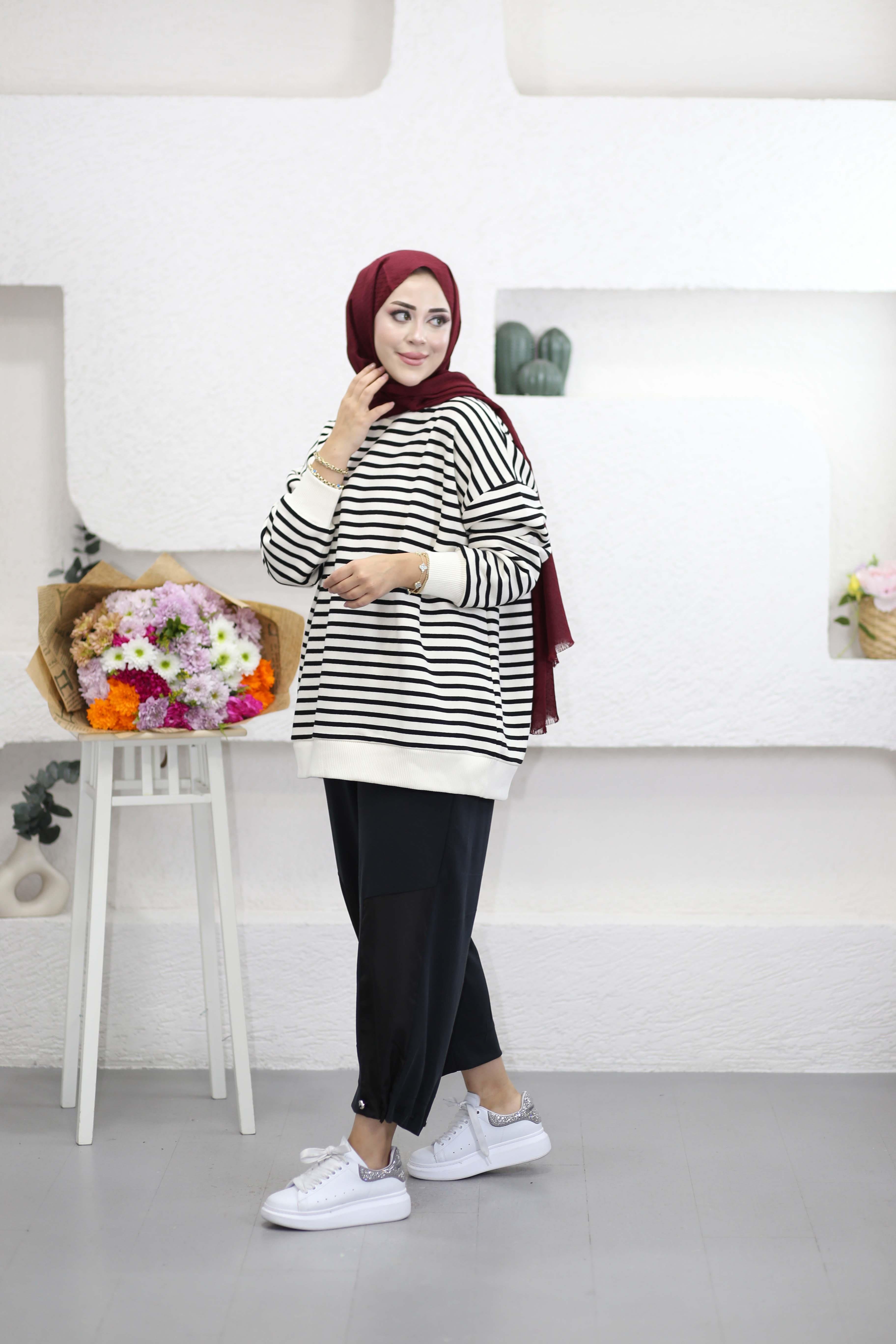 Oversize Çizgili Sweat Siyah 3030