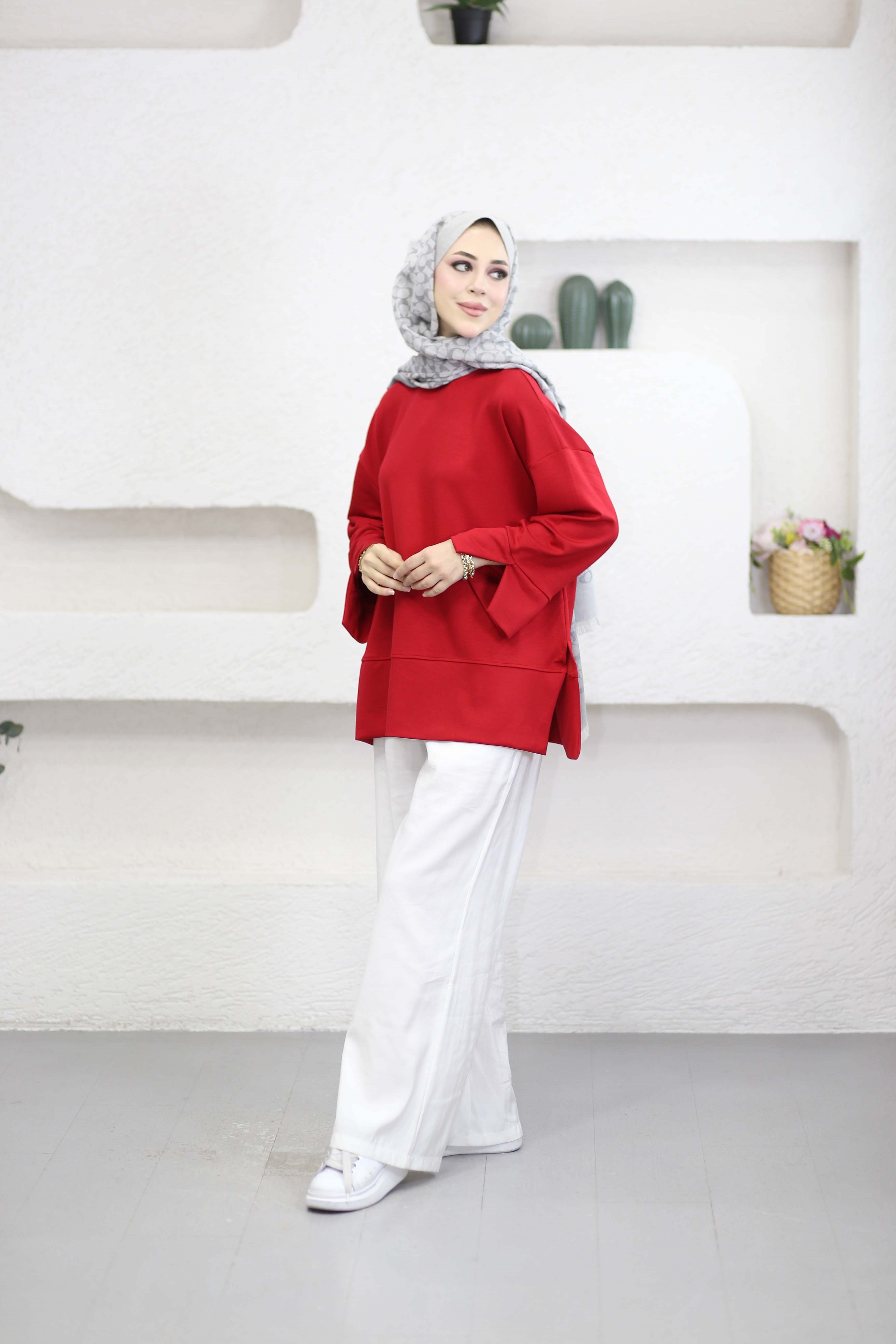 Yırtmaçlı Basıc Sweat Kırmızı 5023