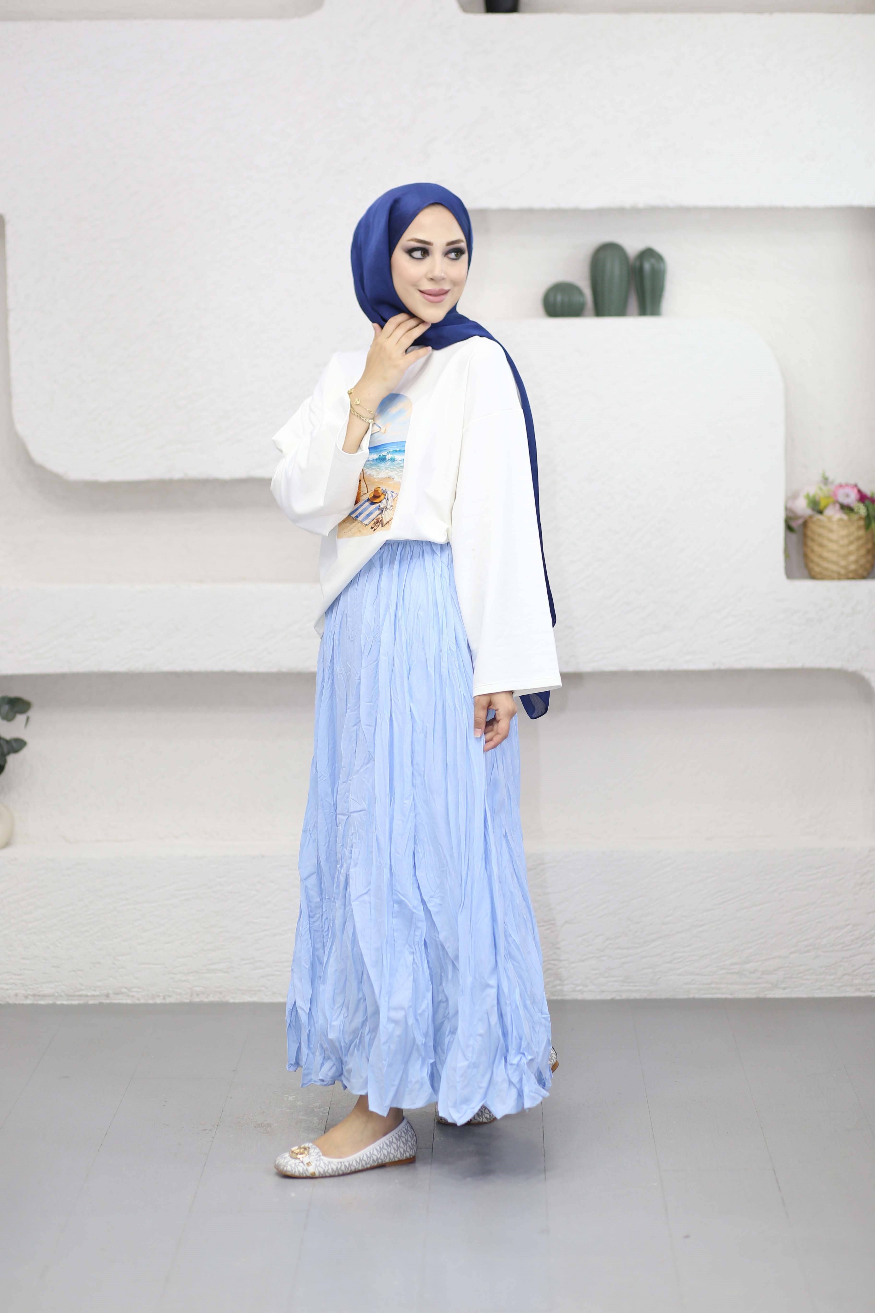 Oversize Baskılı Tişört Mavi 2792