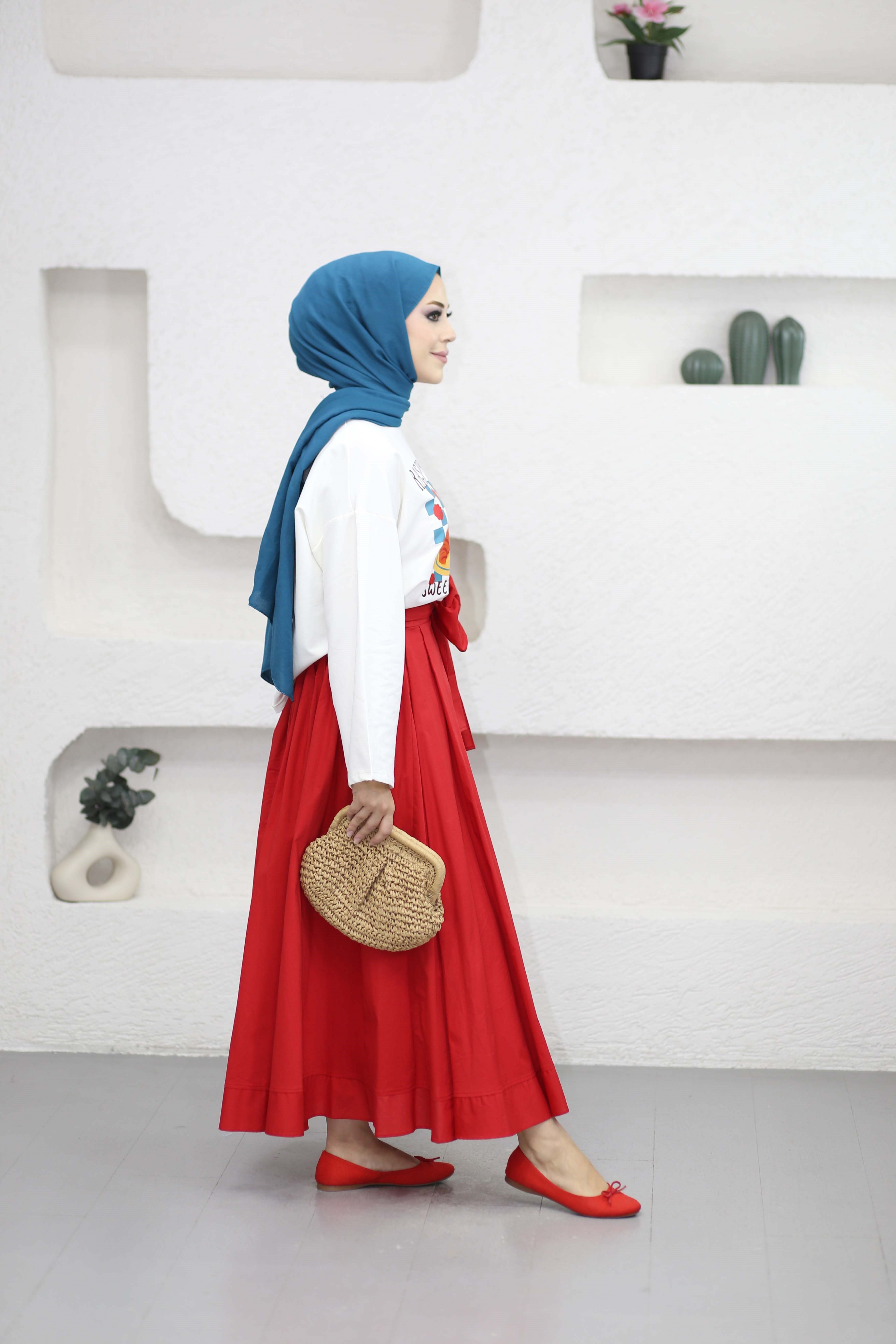 Oversize Baskılı Tişört Kırmızı 2792