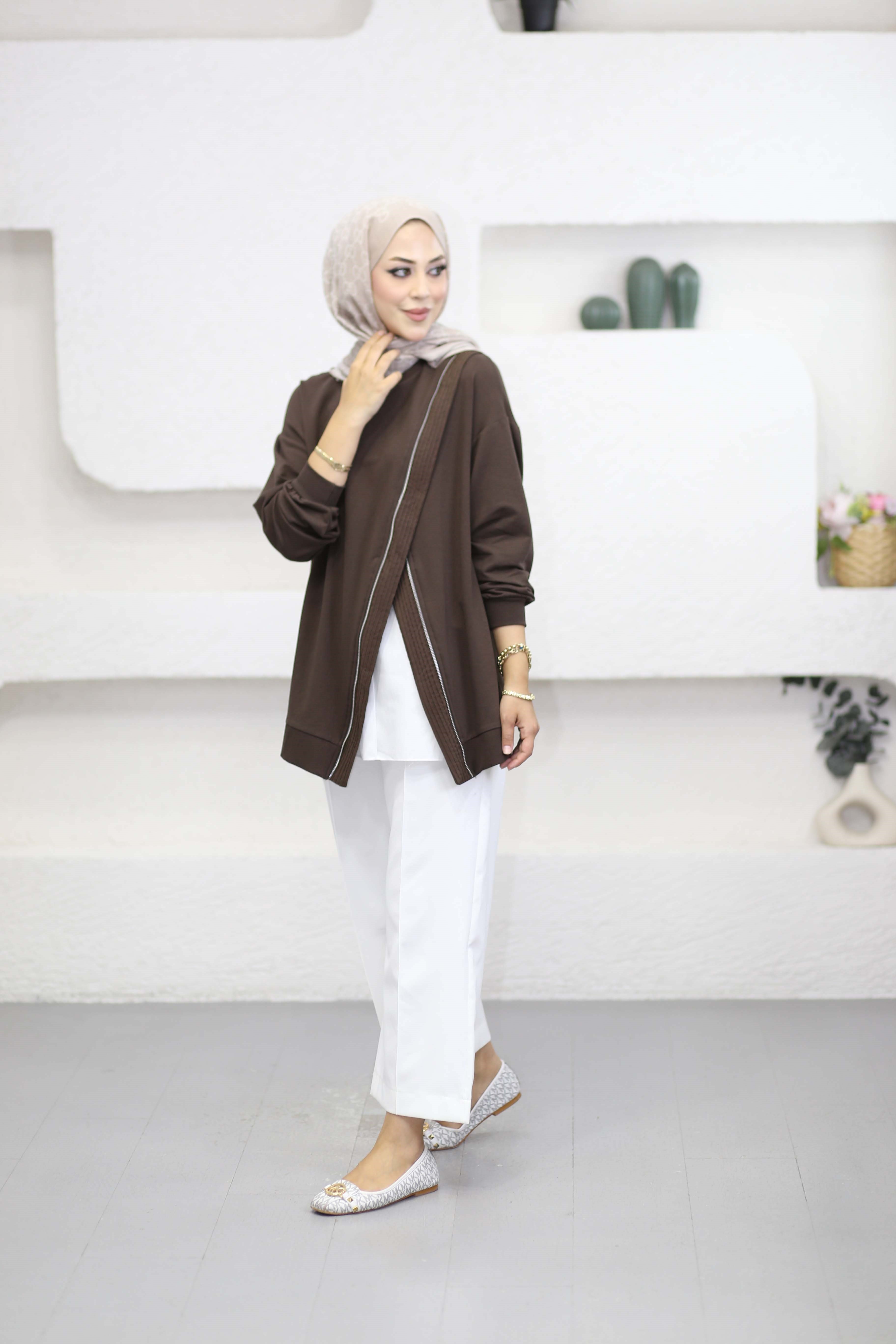 Çapraz Fermuarlı Sweat Kahverengi 10771