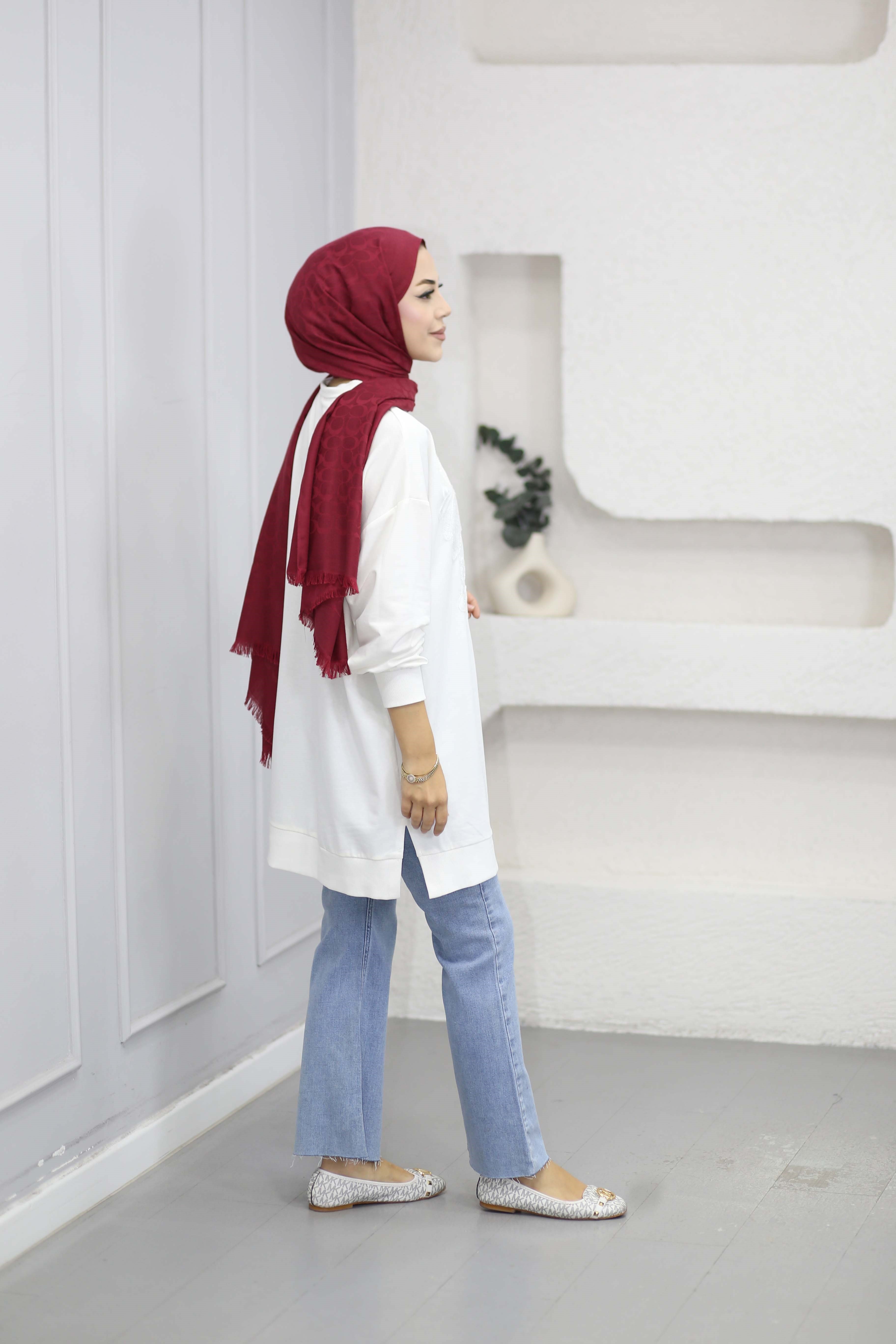 Boncuk İşleme Detaylı Sweat Beyaz 10810