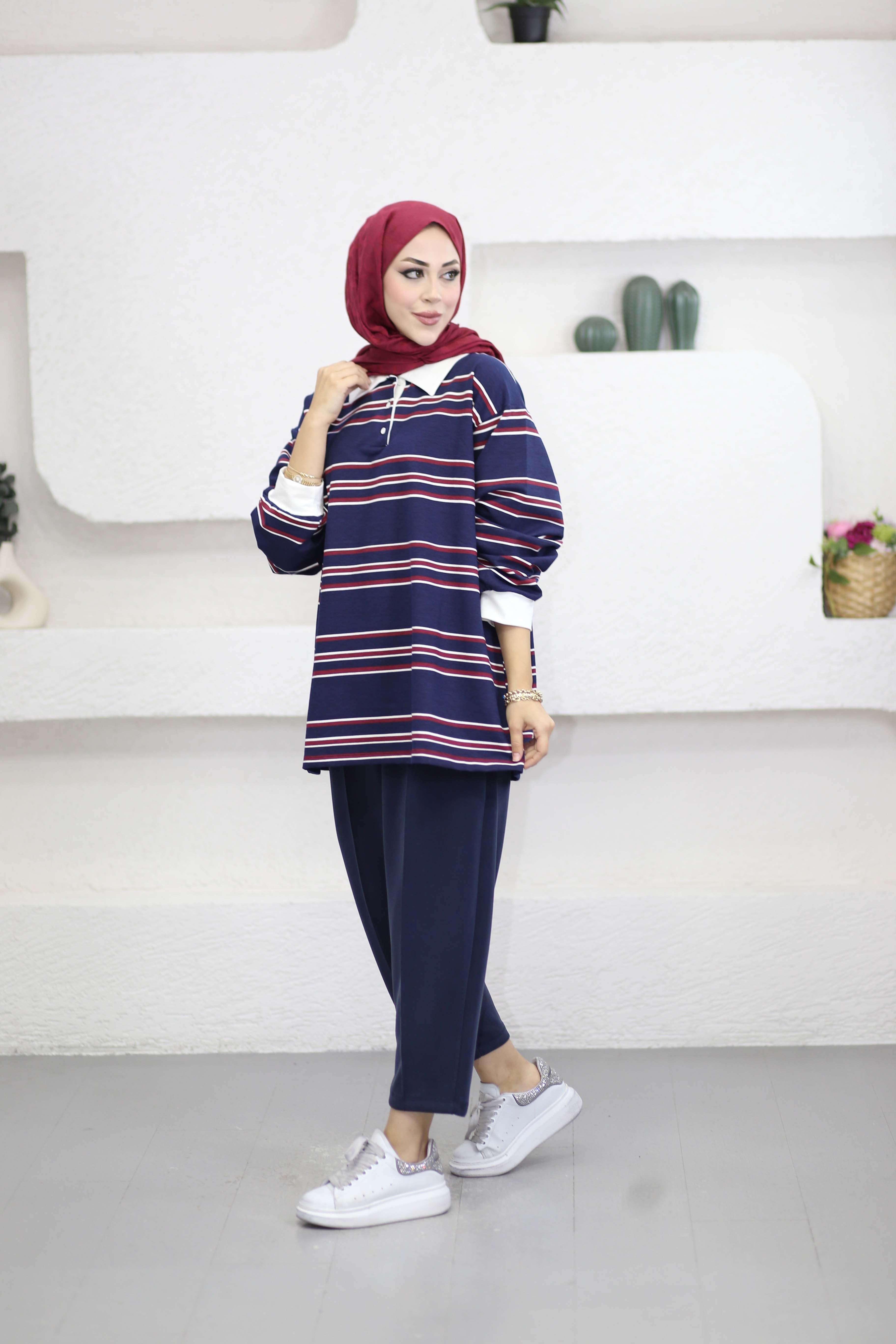Gömlek Yaka İnce Şeritli Sweat Lacivert 3628
