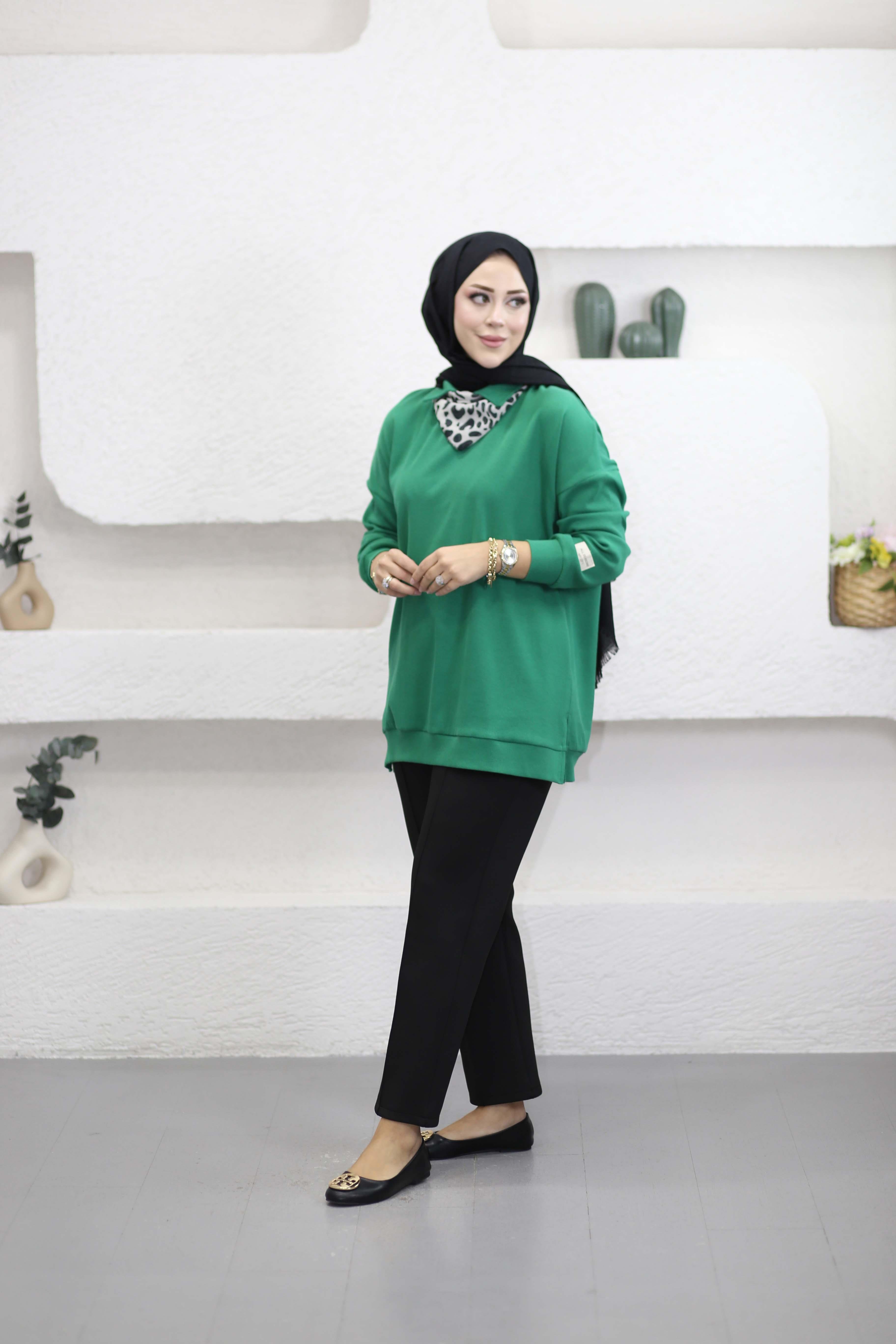 Leopar Fularlı Sweat Benetton Yeşili 6110