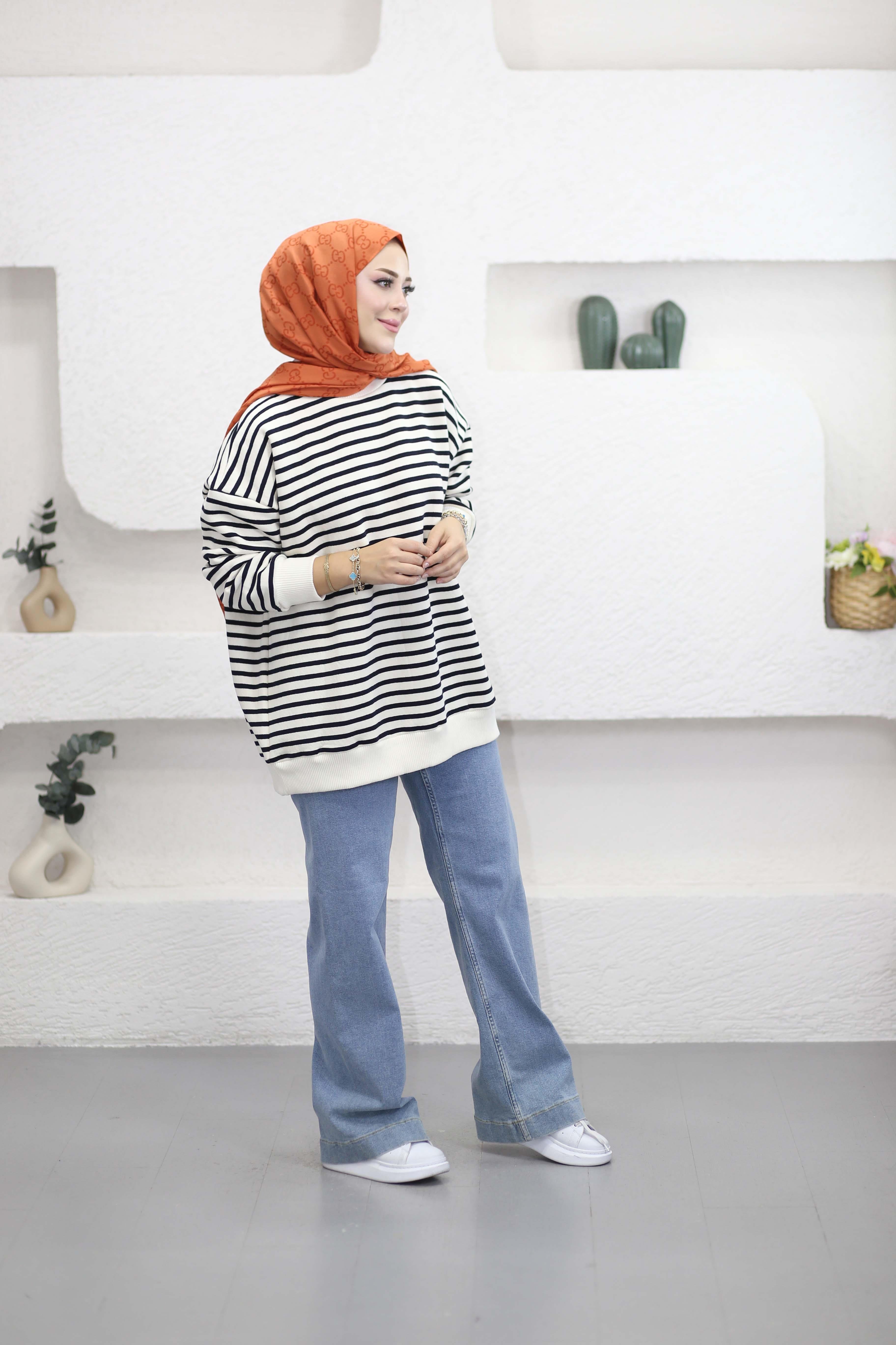 Oversize Çizgili Sweat Lacivert 3030
