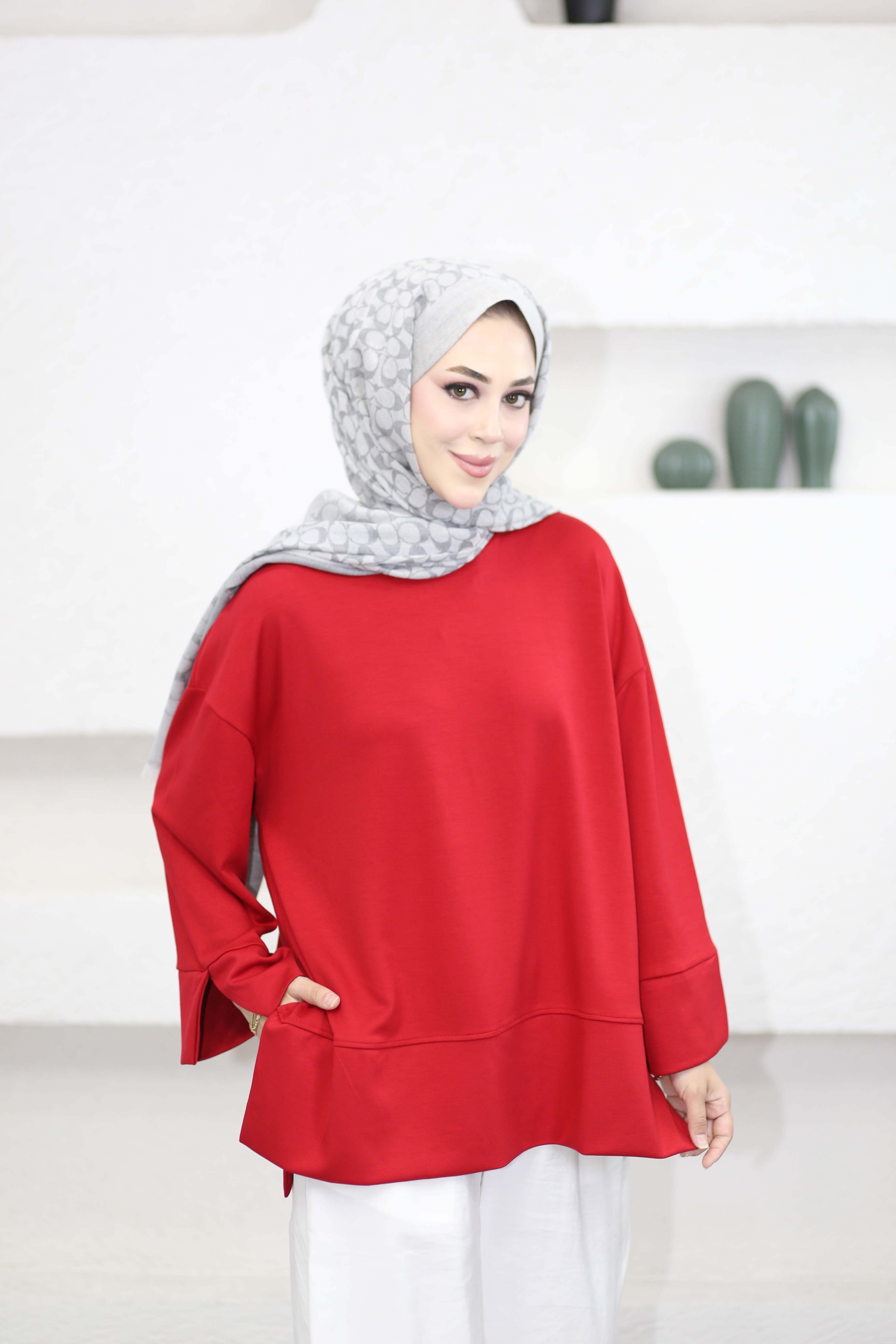 Yırtmaçlı Basıc Sweat Kırmızı 5023