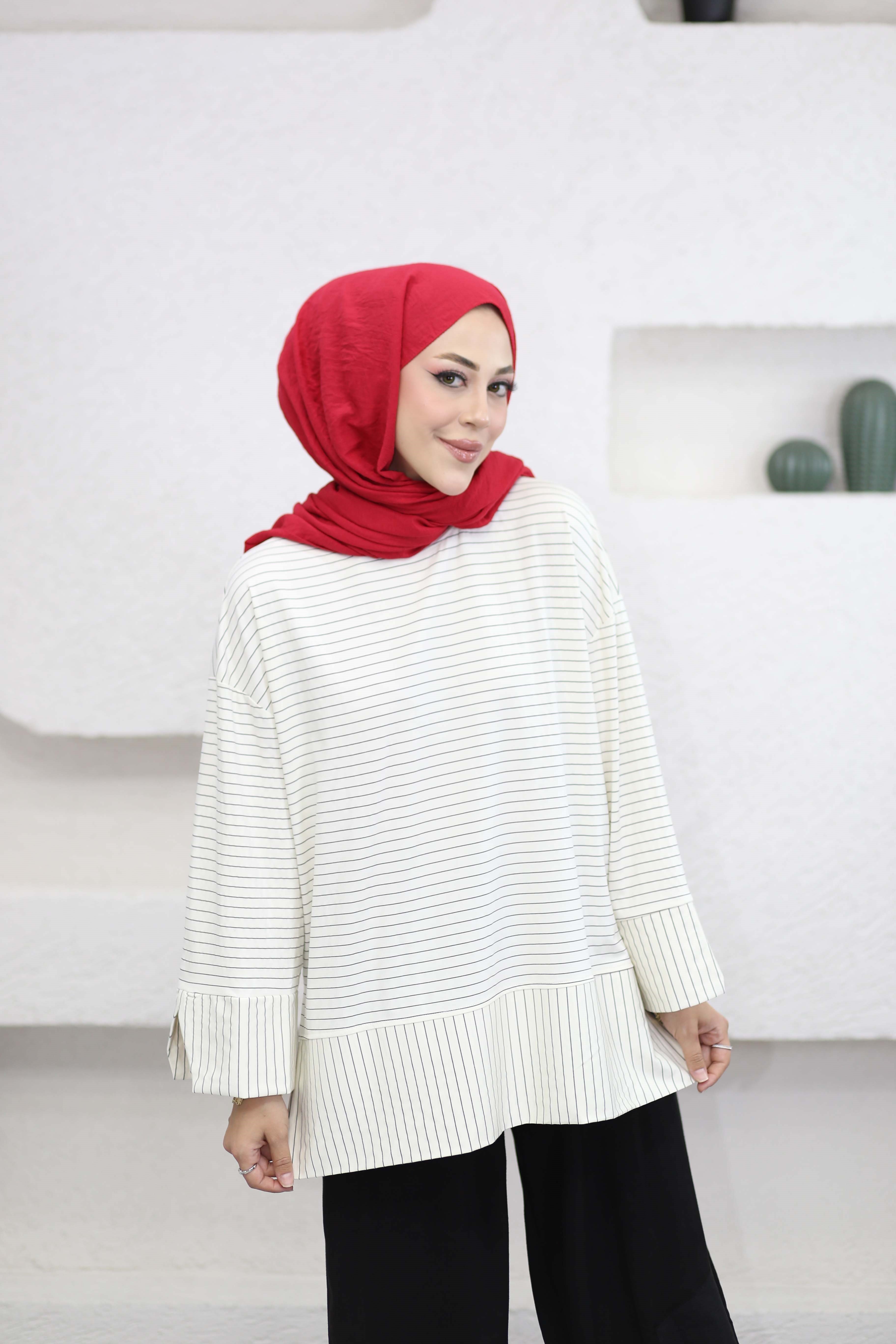 Çizgili Penye Tunik Krem 5023